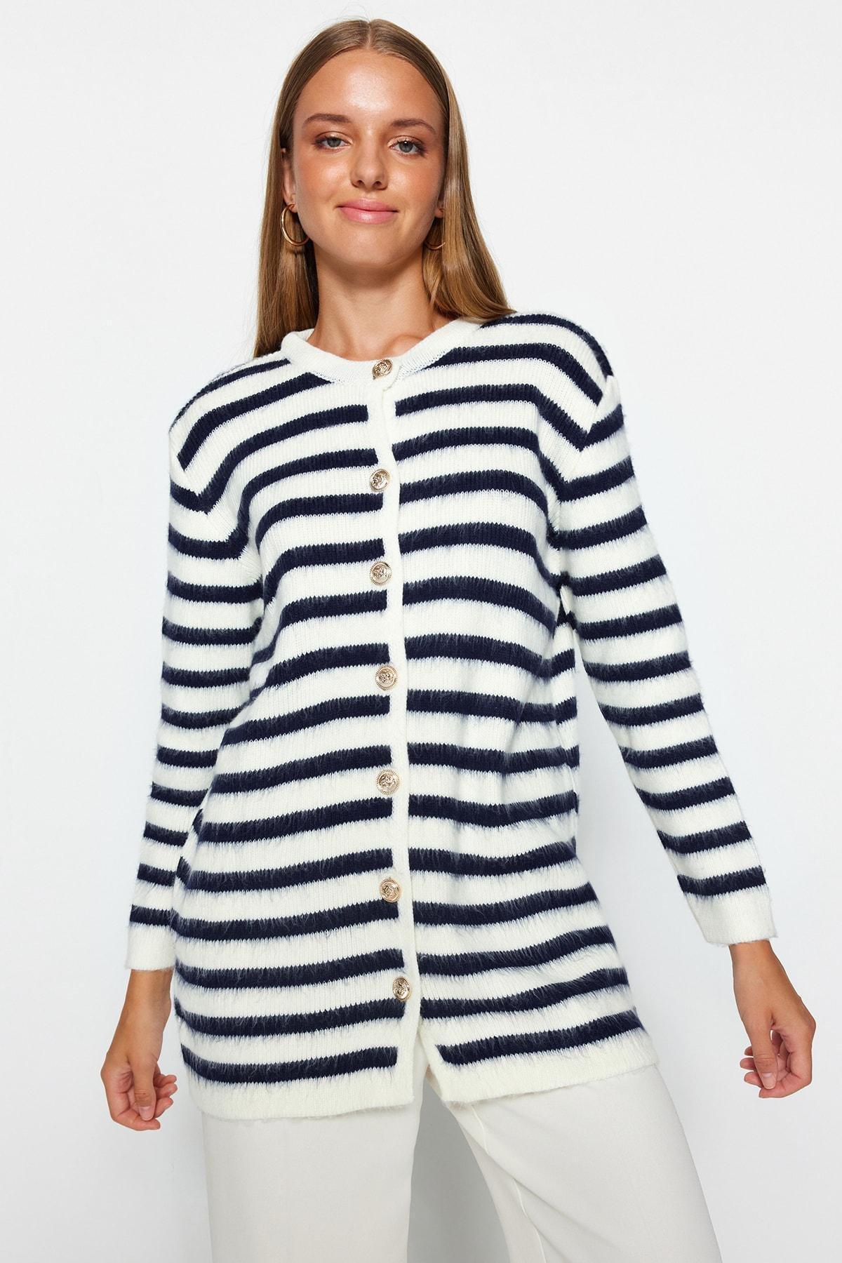 Navy Striped Soft Textured Knitwear Cardigan, , large image number 1