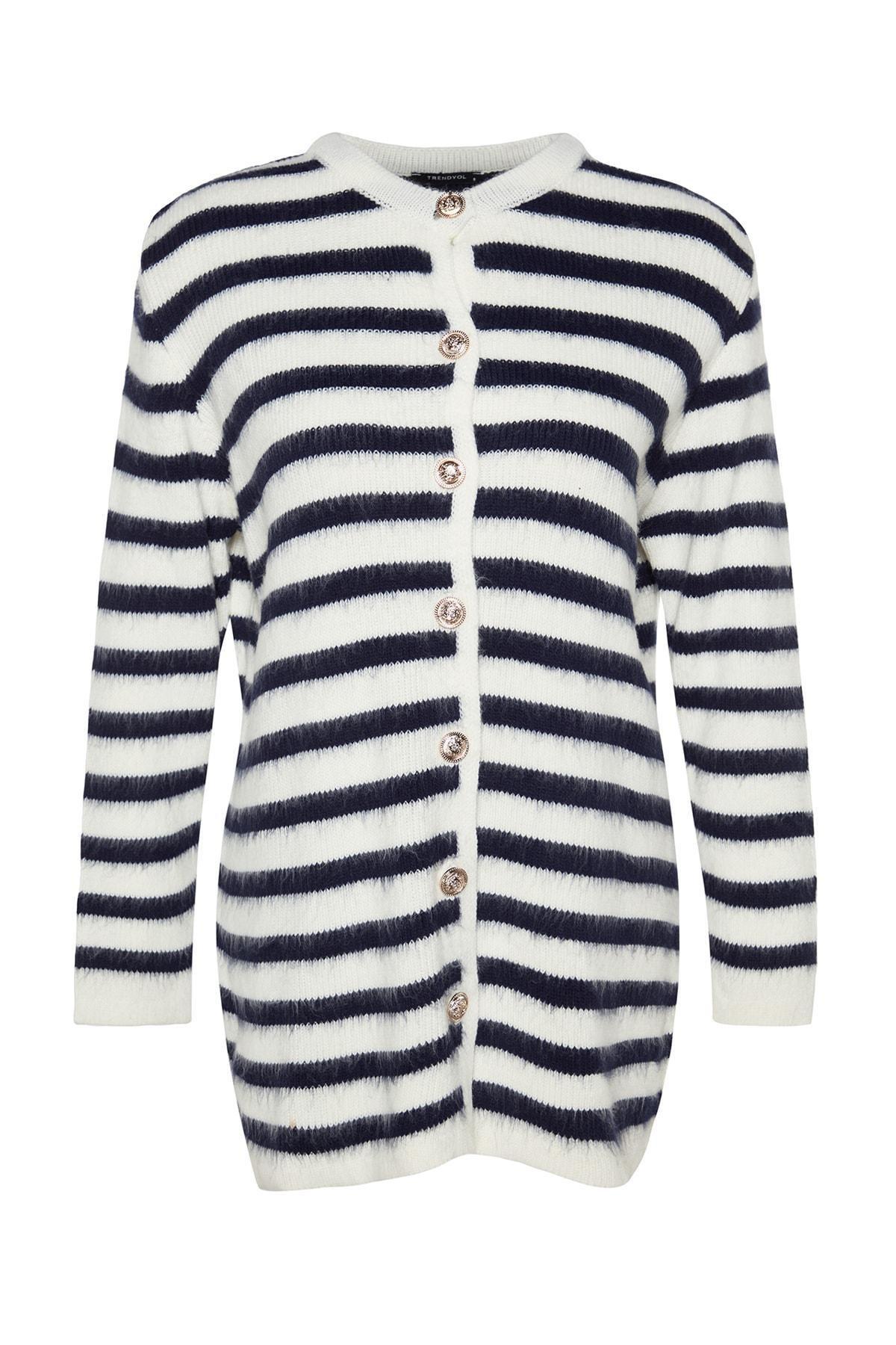 Navy Striped Soft Textured Knitwear Cardigan, , large image number 4