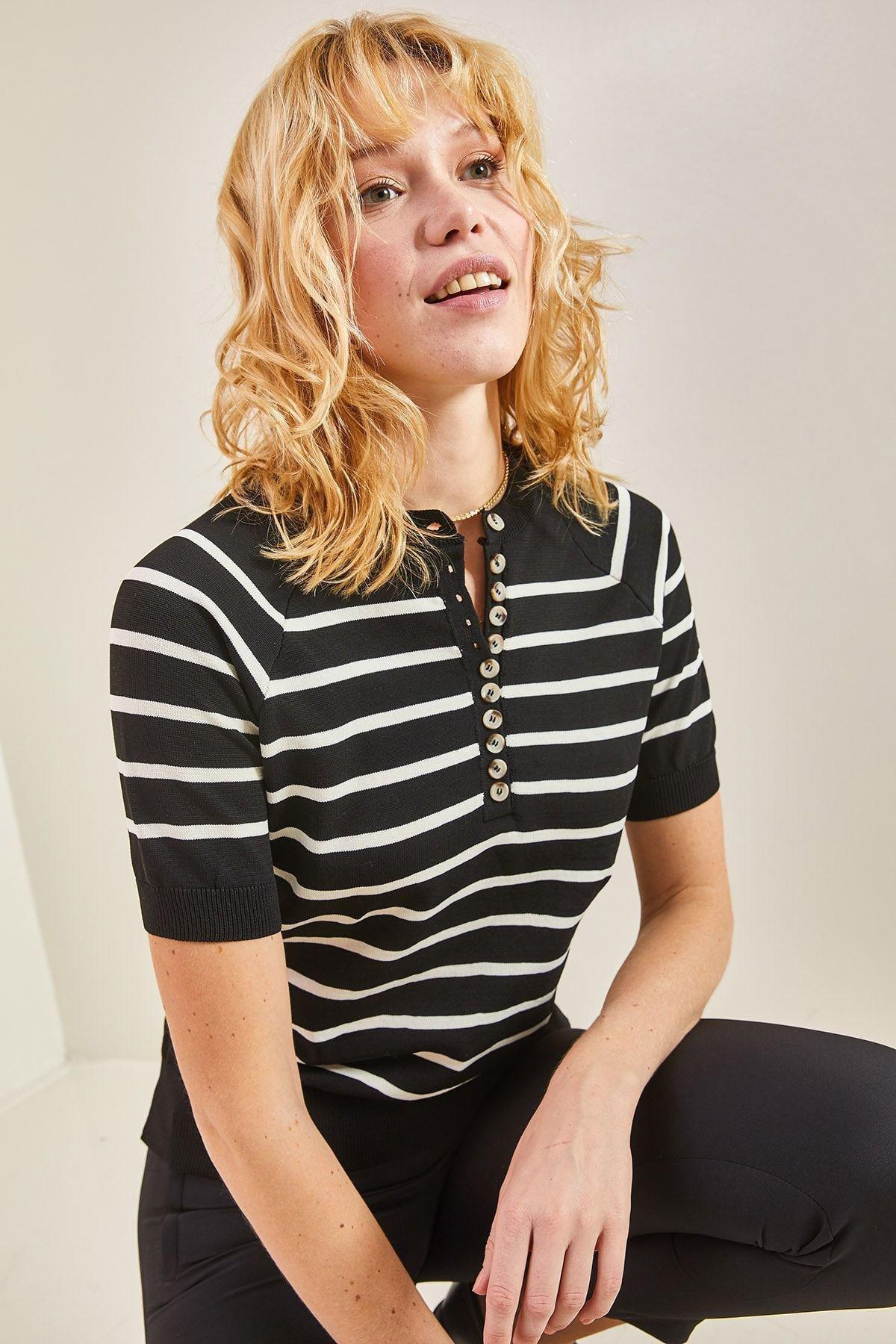 Multicolour Buttoned Elastic Knitted Blouse, C101_1458, large image number 3