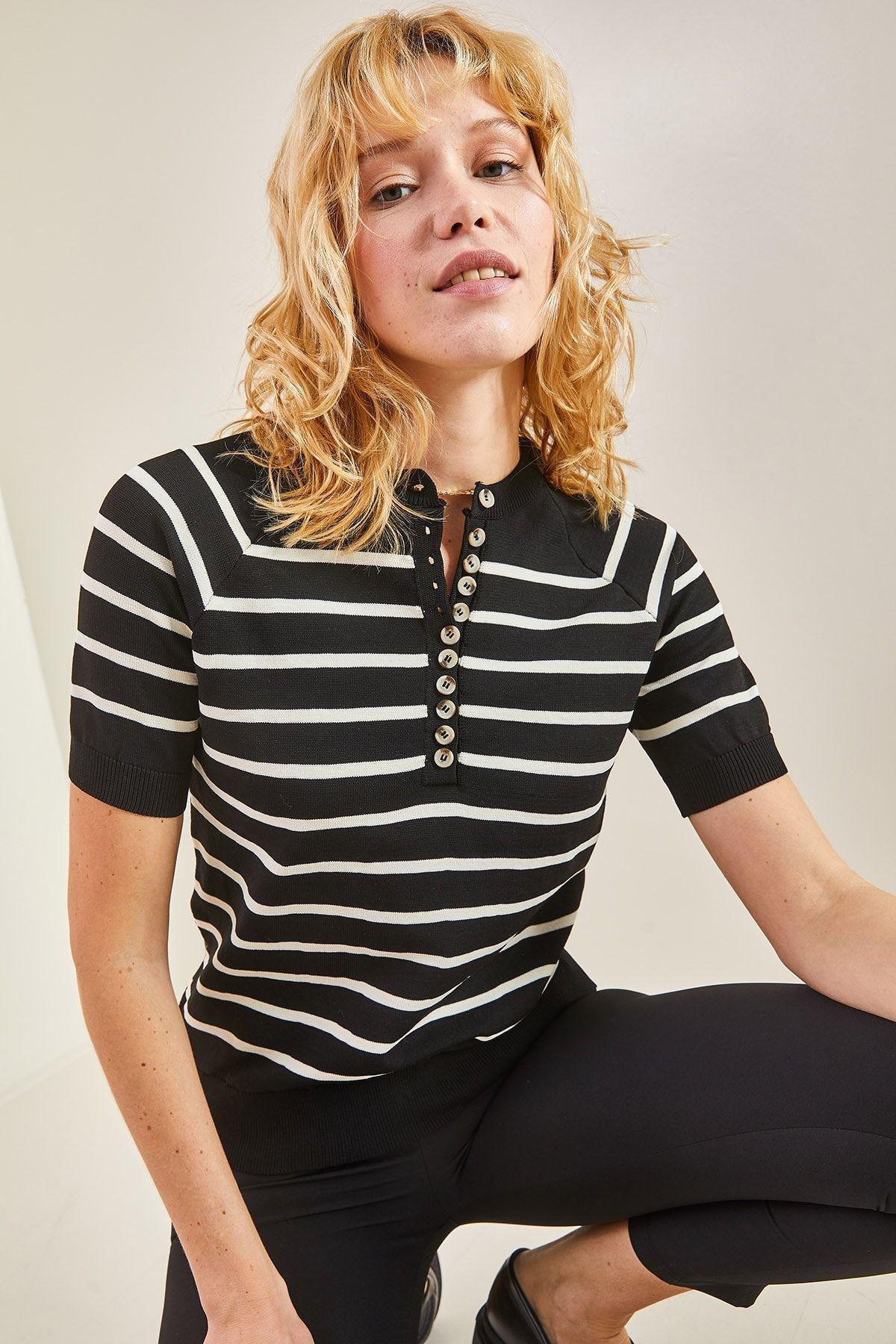Multicolour Buttoned Elastic Knitted Blouse, C101_1458, large image number 5