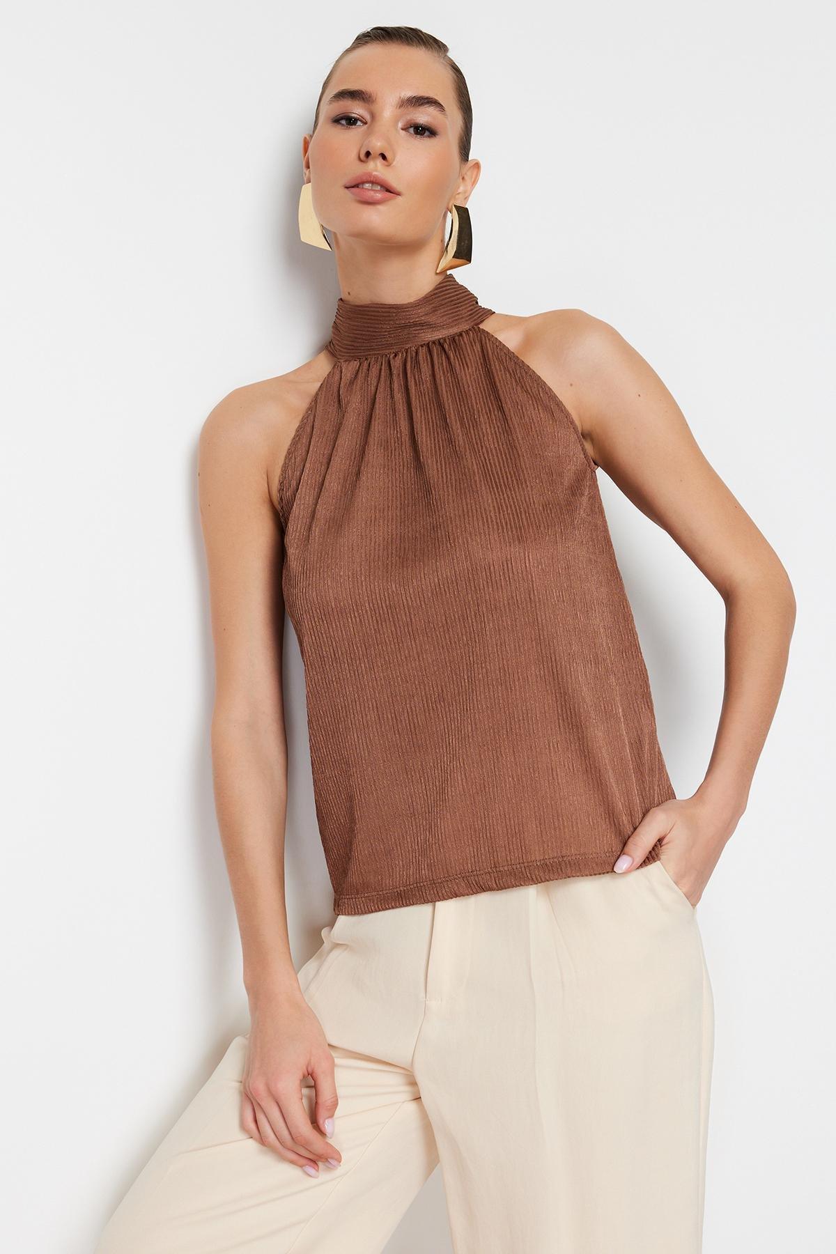 Brown High Collar Pleated Knitted Blouse, , large image number 0