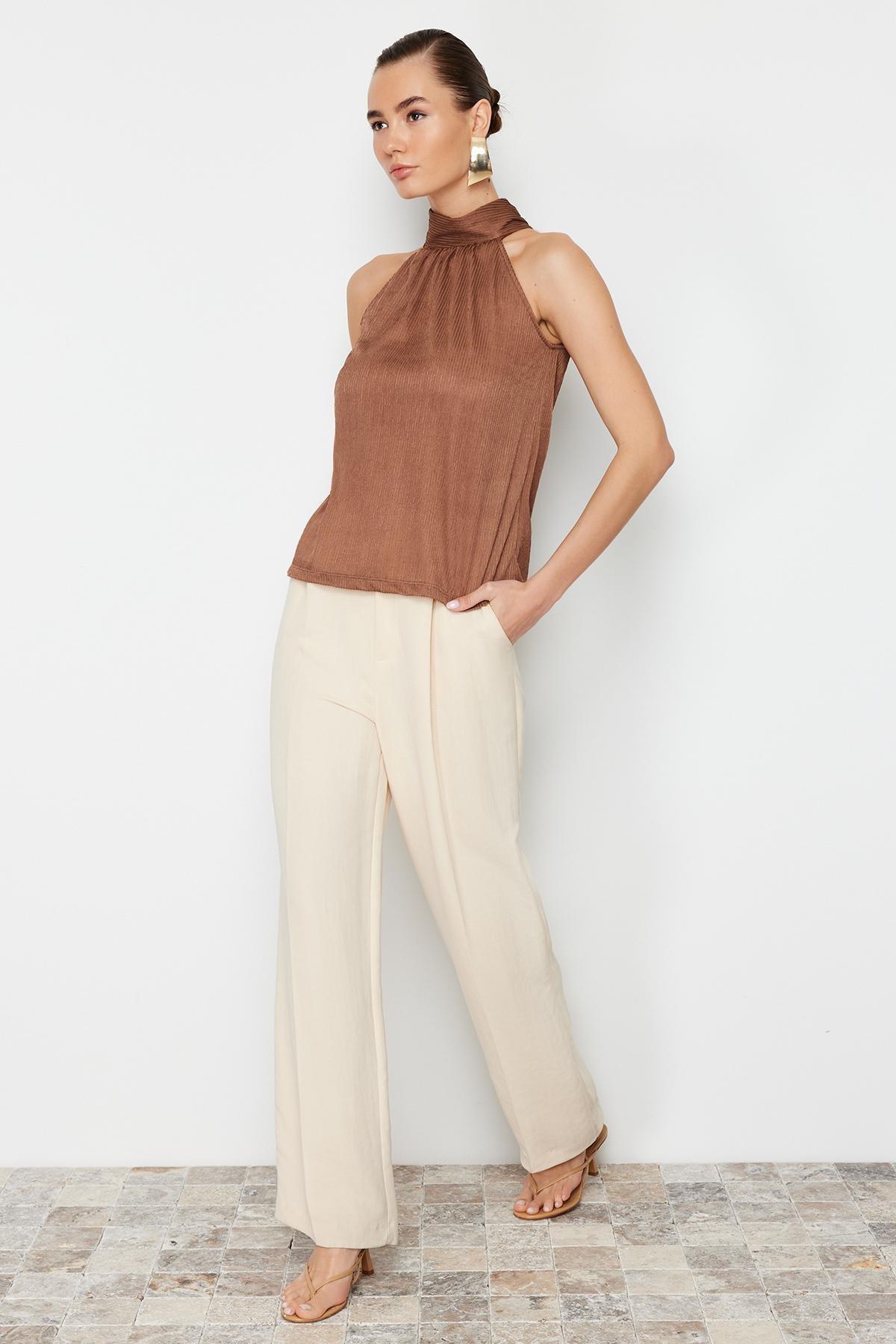 Brown High Collar Pleated Knitted Blouse, , large image number 1