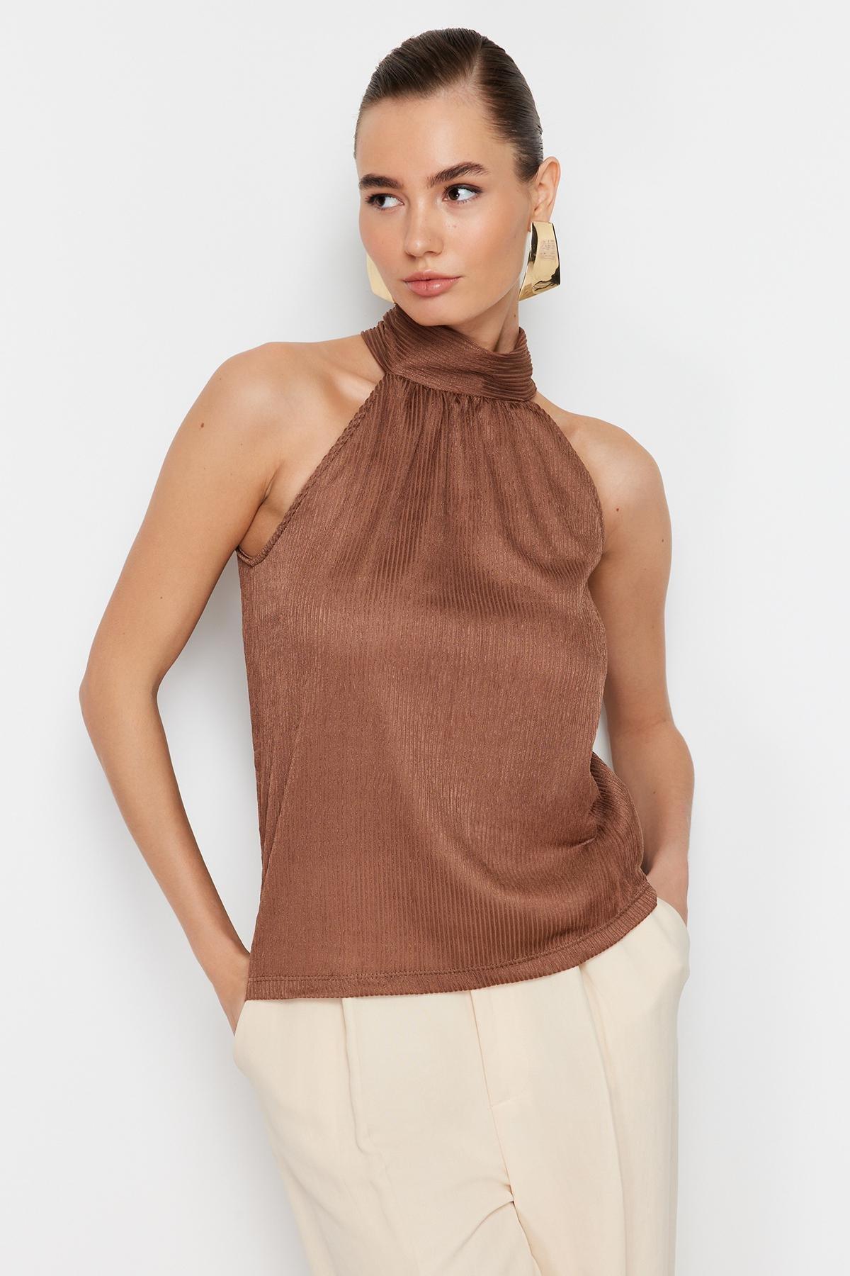Brown High Collar Pleated Knitted Blouse, , large image number 2