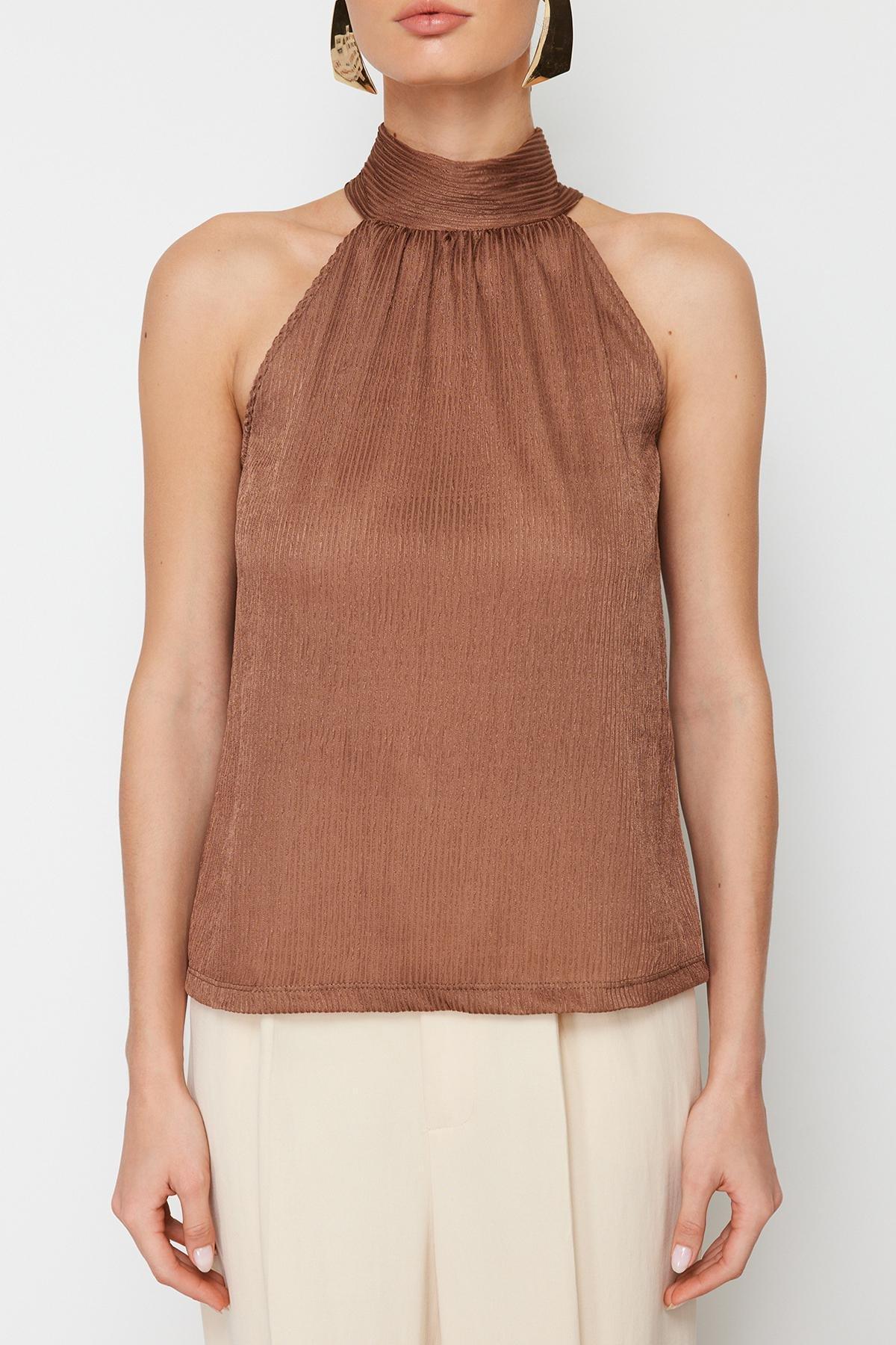 Brown High Collar Pleated Knitted Blouse, , large image number 3
