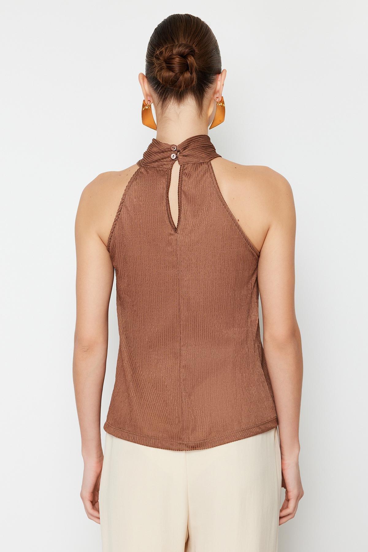 Brown High Collar Pleated Knitted Blouse, , large image number 4