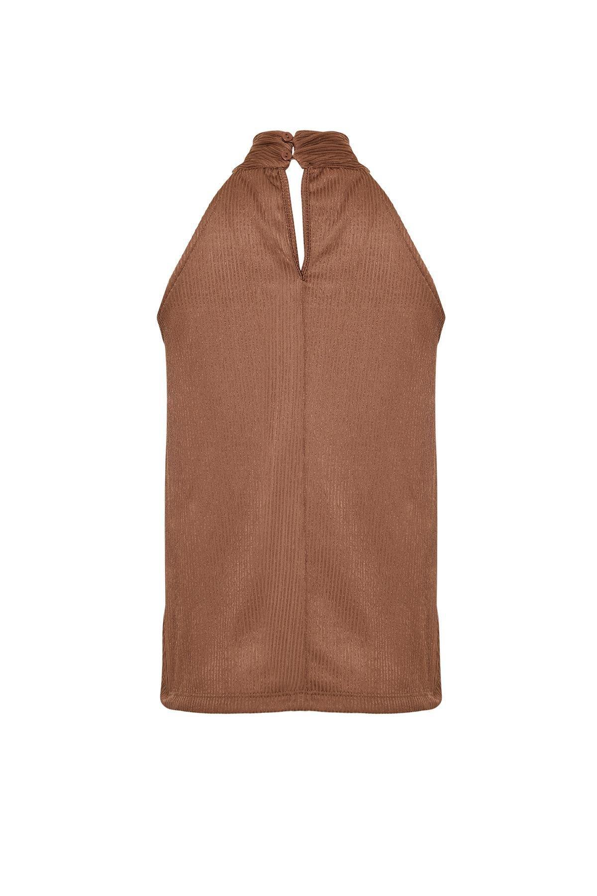 Brown High Collar Pleated Knitted Blouse, , large image number 5