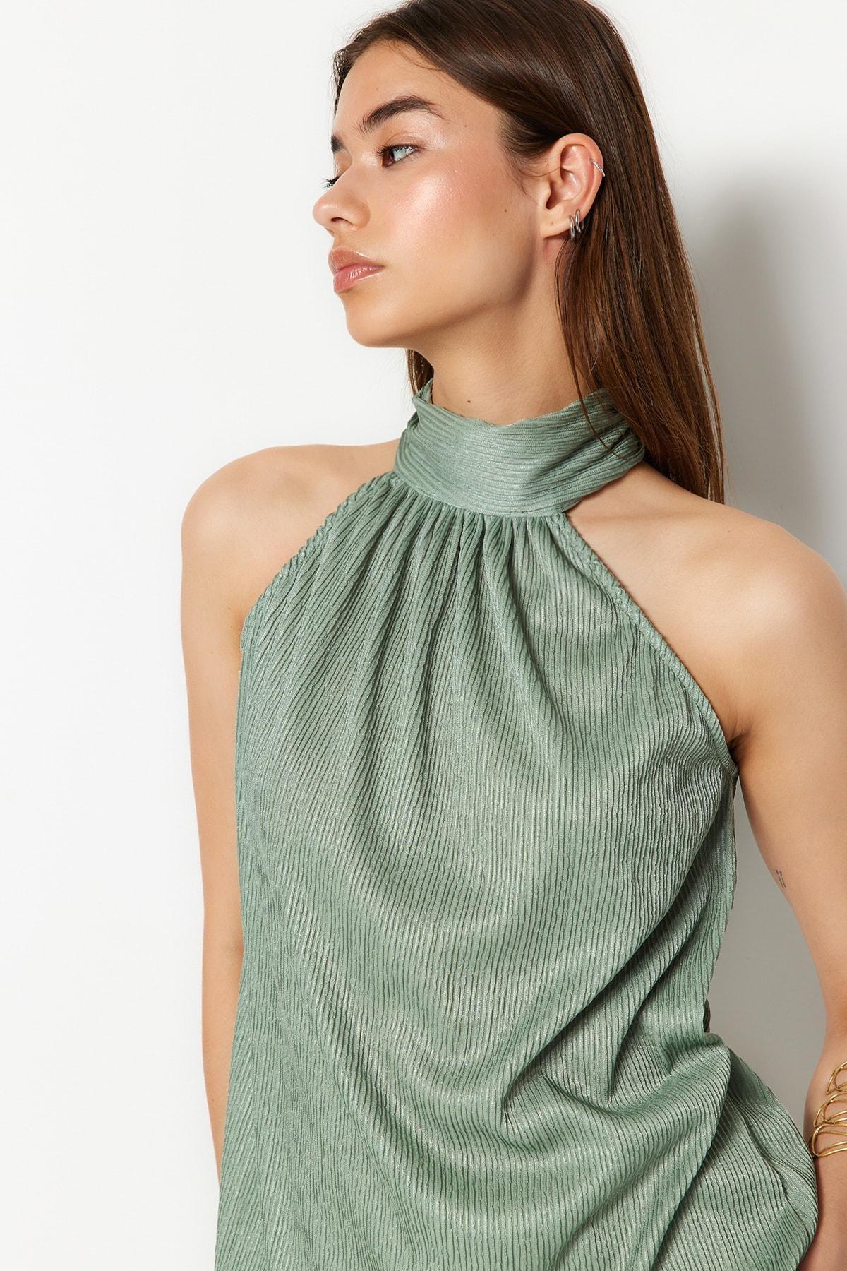Green Standing Collar Blouse, , large image number 0
