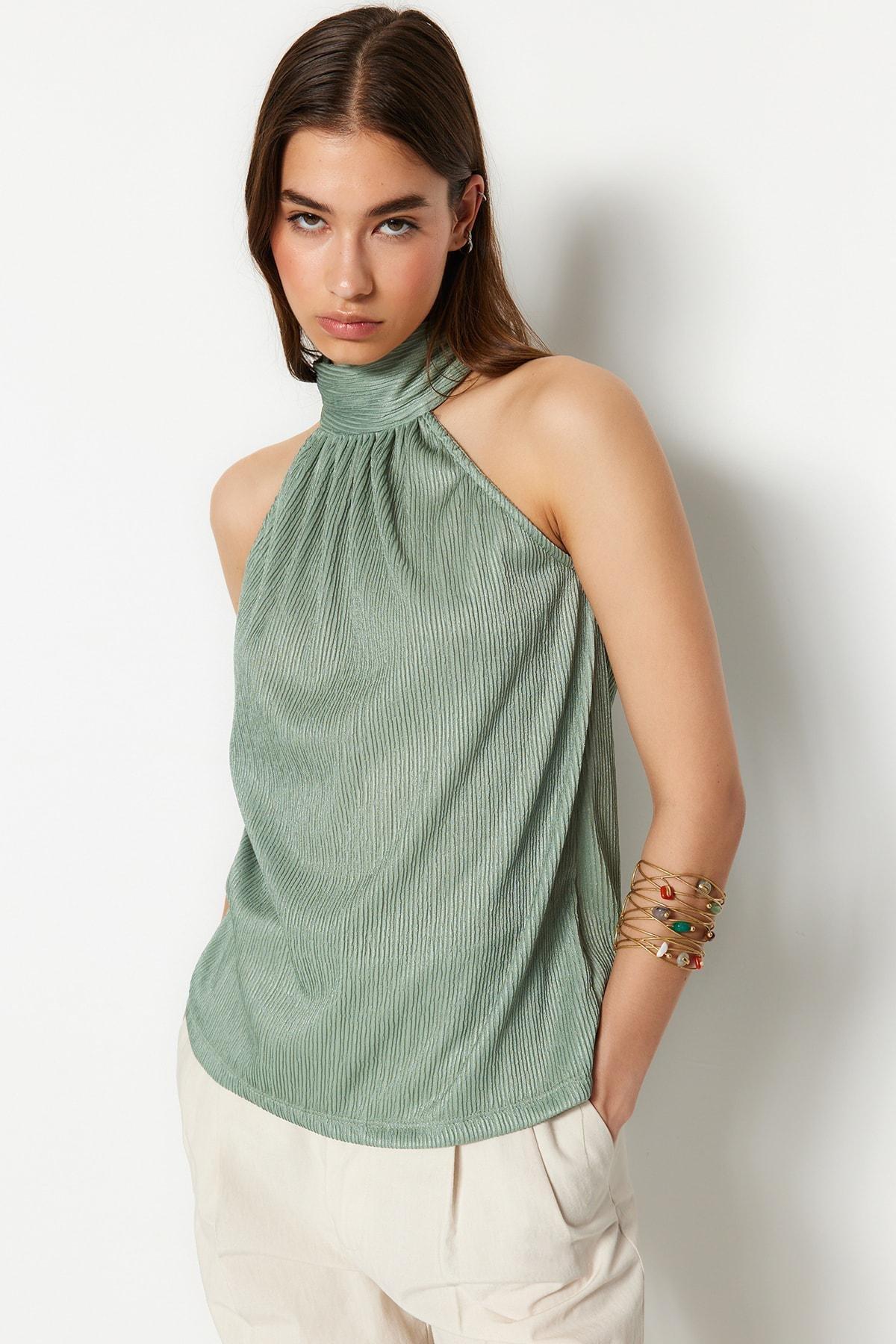 Green Standing Collar Blouse, , large image number 2
