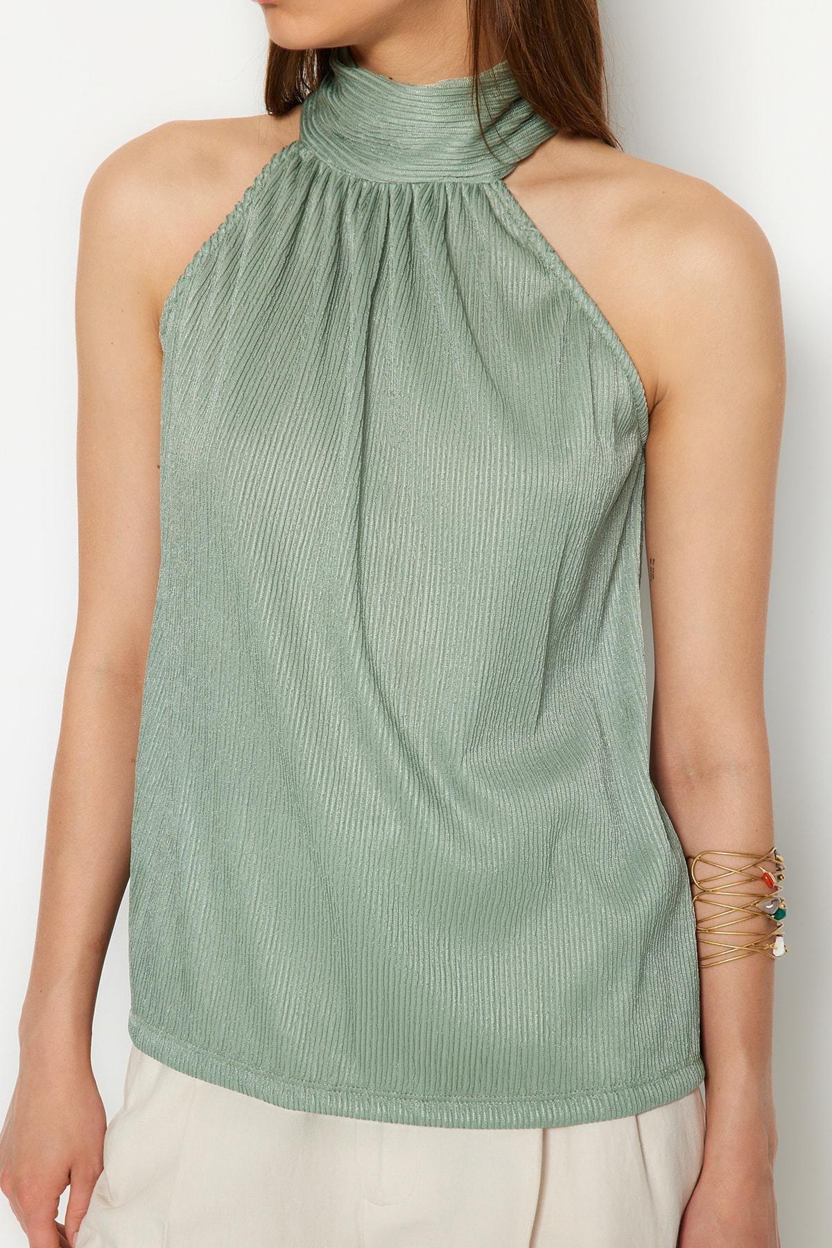 Green Standing Collar Blouse, , large image number 3