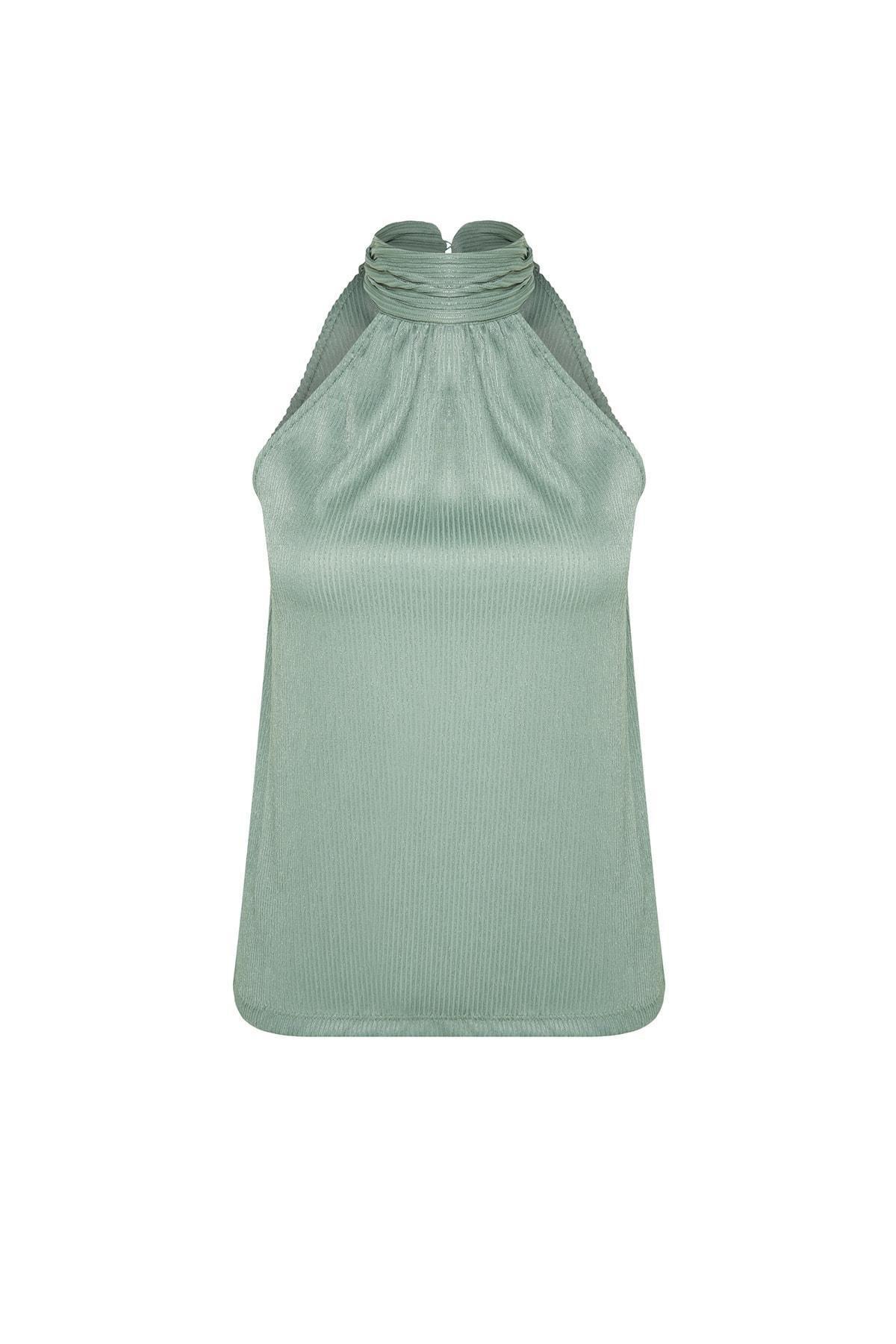 Green Standing Collar Blouse, , large image number 5