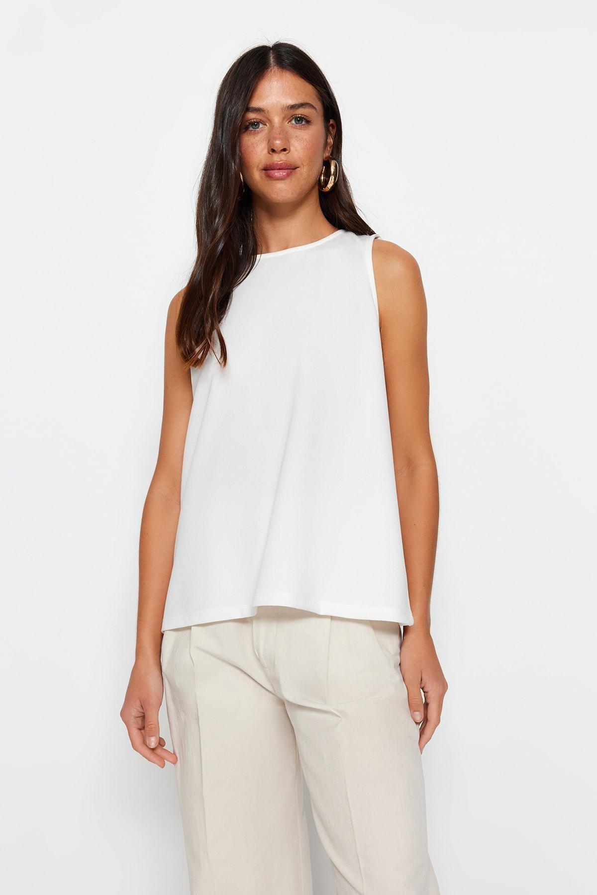 White Sleeveless Crewneck Knitted Blouse, , large image number 0