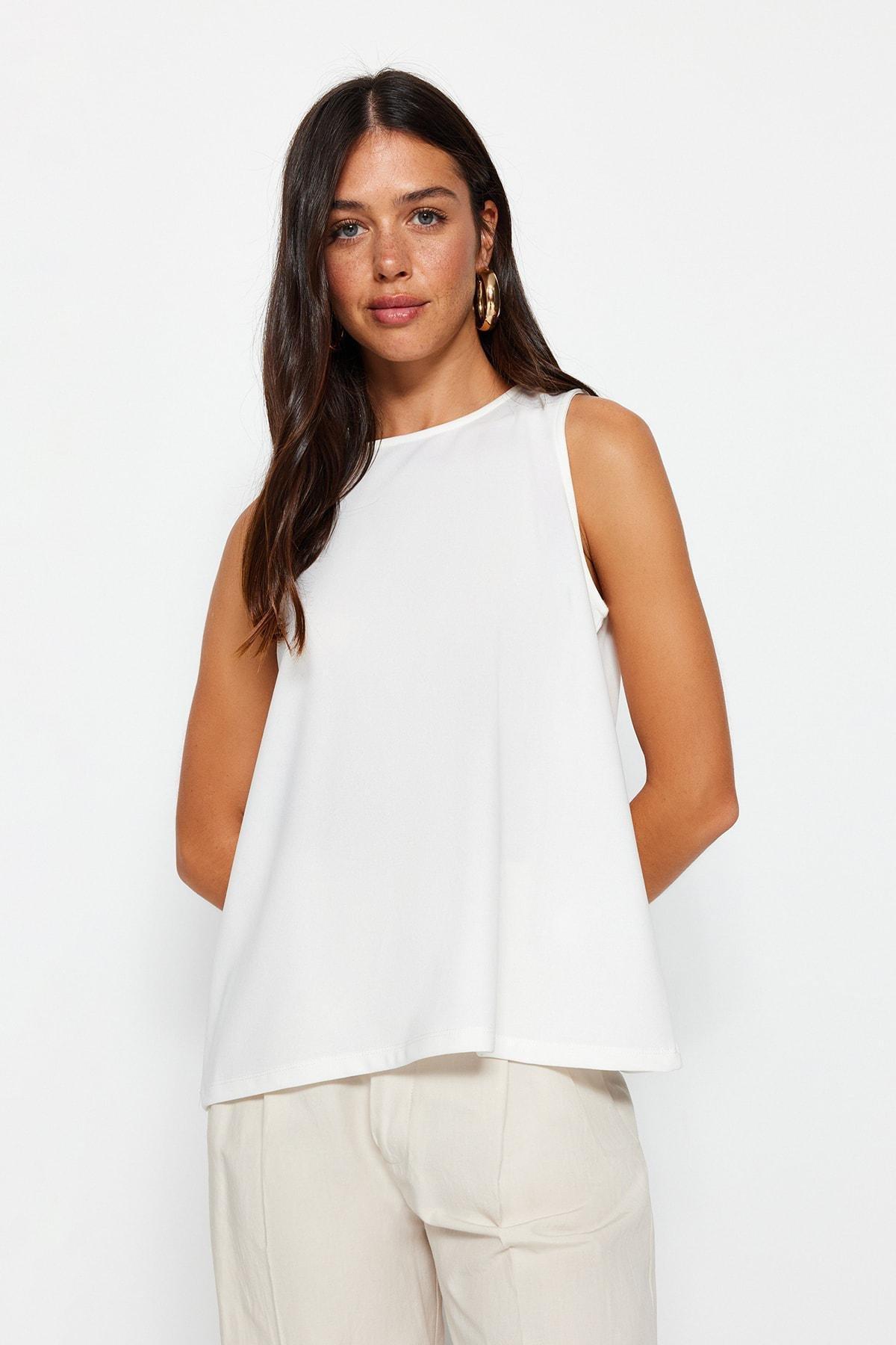 White Sleeveless Crewneck Knitted Blouse, , large image number 1