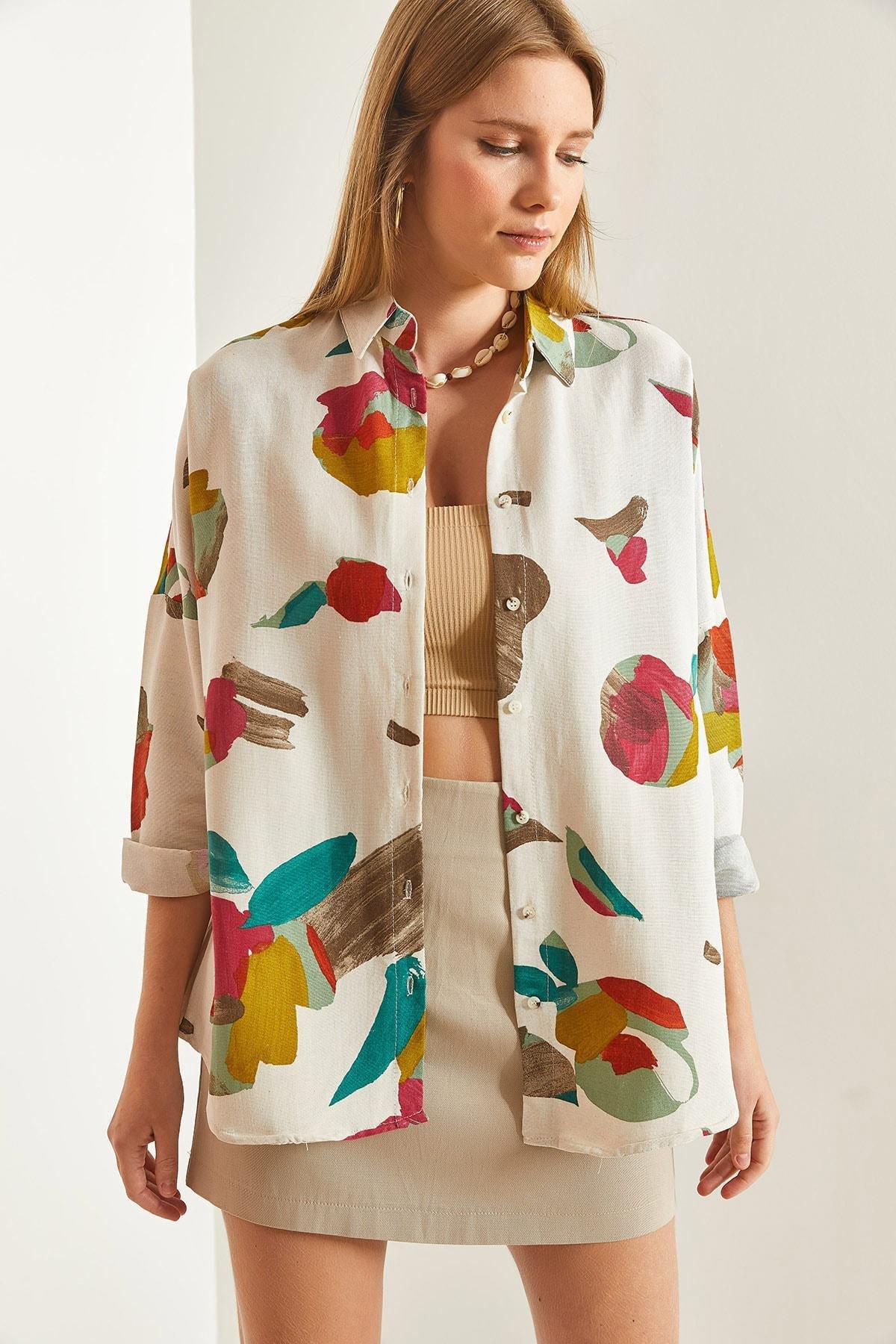 Beige Patterned Linen Shirt, , large image number 0