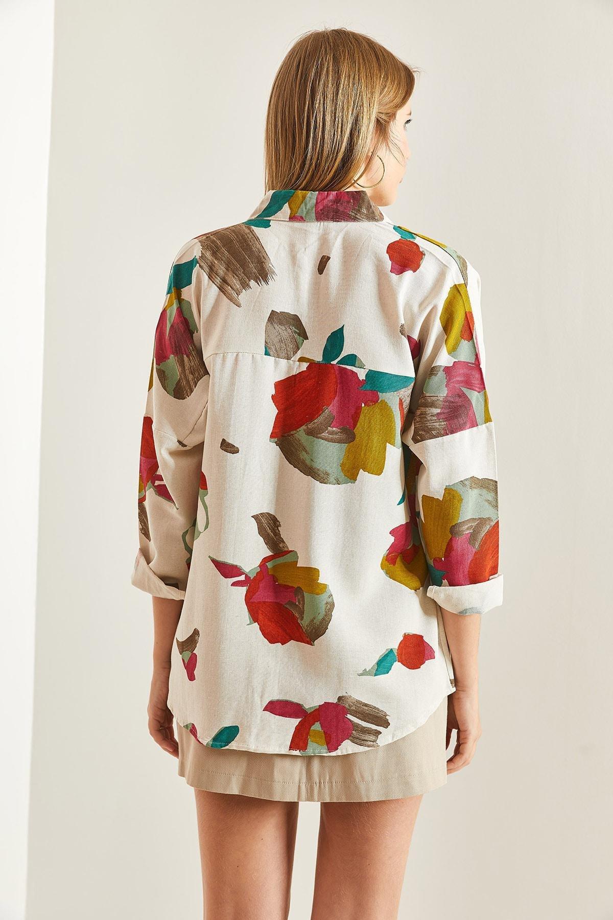 Beige Patterned Linen Shirt, , large image number 1