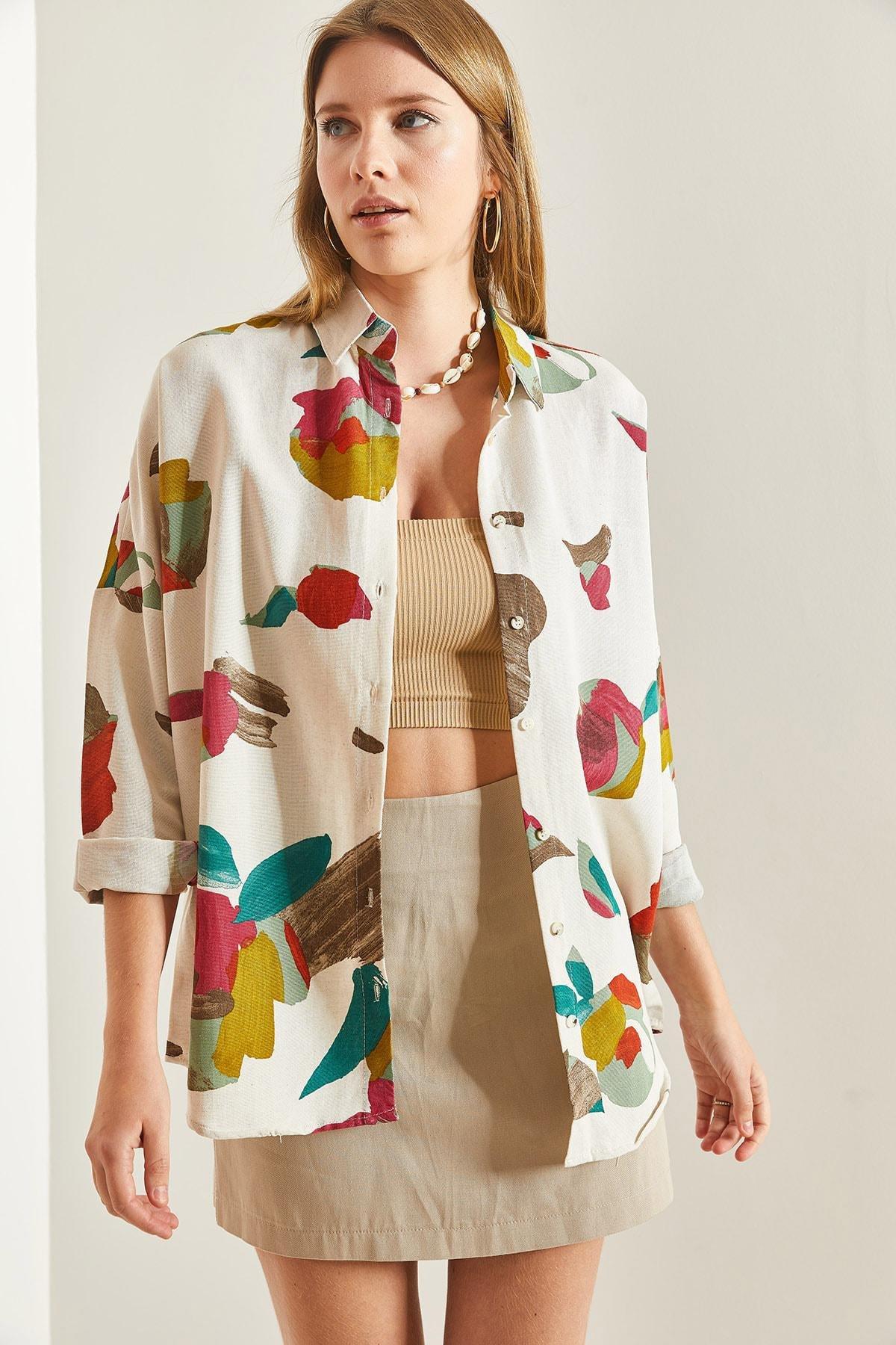 Beige Patterned Linen Shirt, , large image number 3