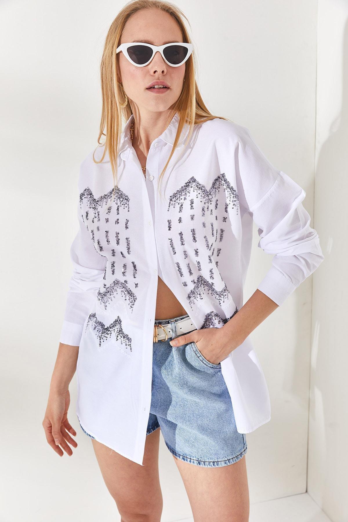 White Sequin Detailed Oversized Shirt, C101_1323, large image number 1