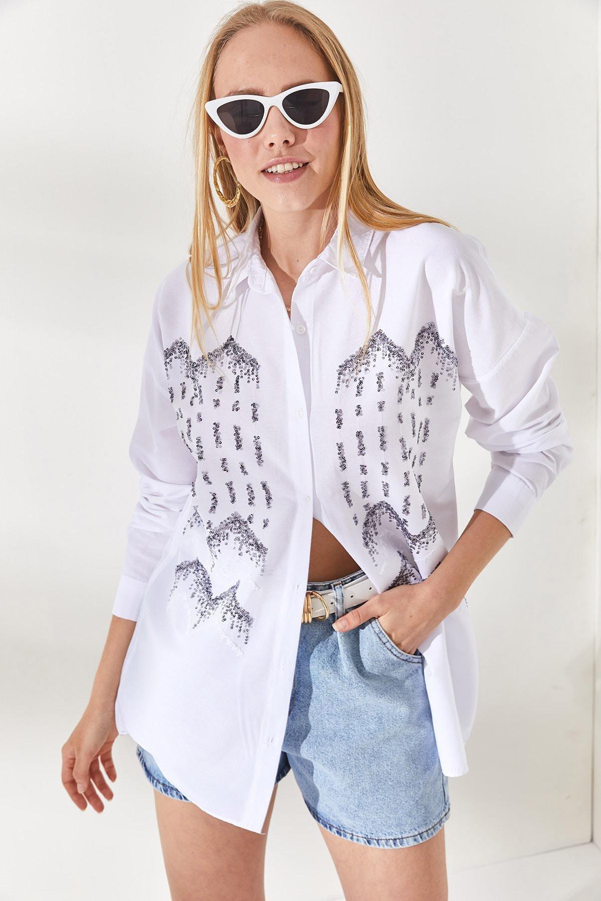 White Sequin Detailed Oversized Shirt, C101_1323, large image number 4