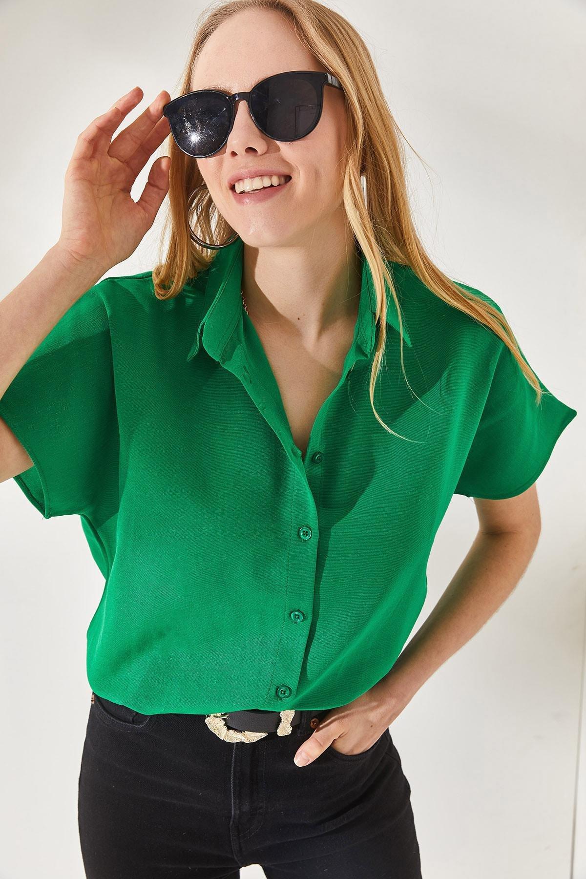 Green Bat Oversized Linen Shirt, , medium
