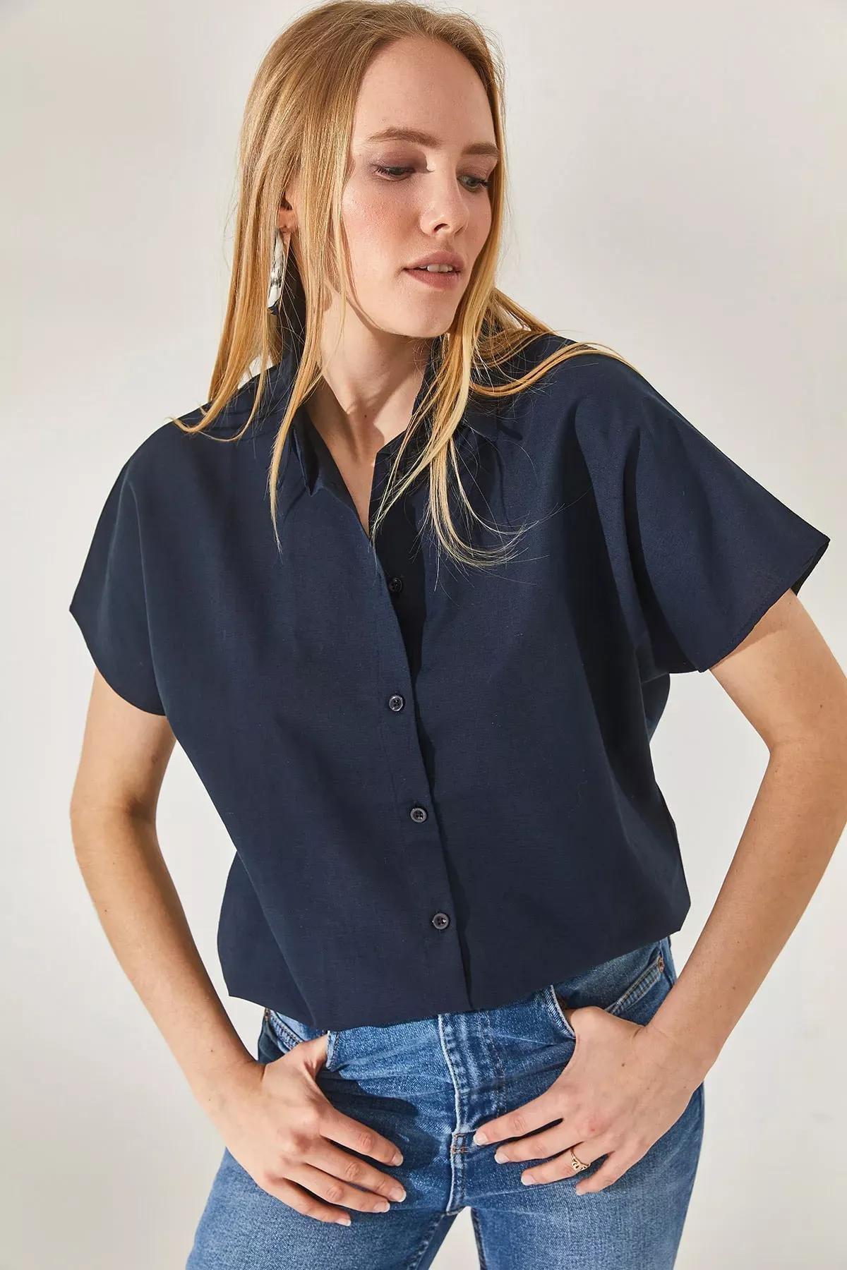 Blue Bat Oversized Linen Shirt, Navy blue, large image number 0