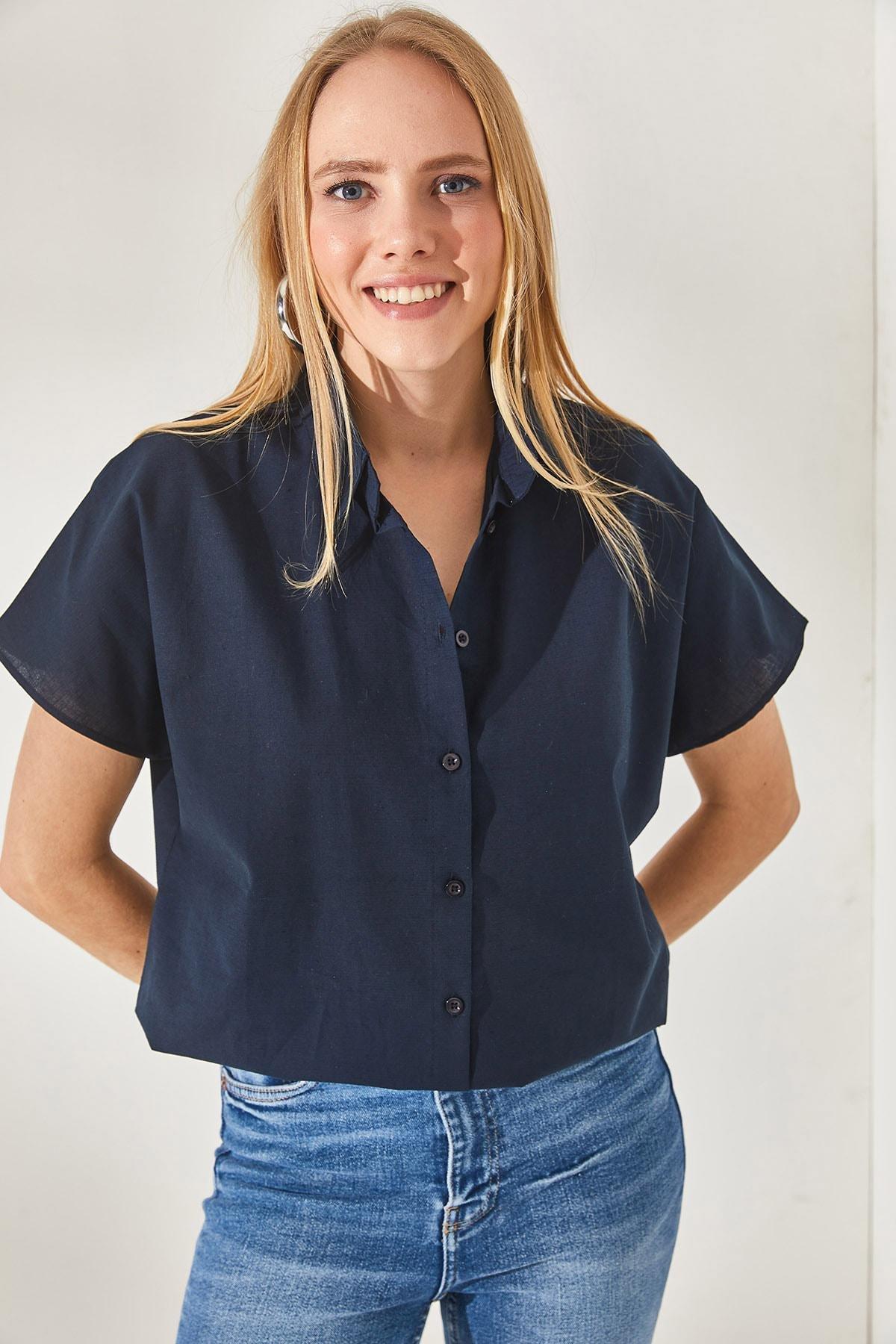 Blue Bat Oversized Linen Shirt, Navy blue, large image number 1