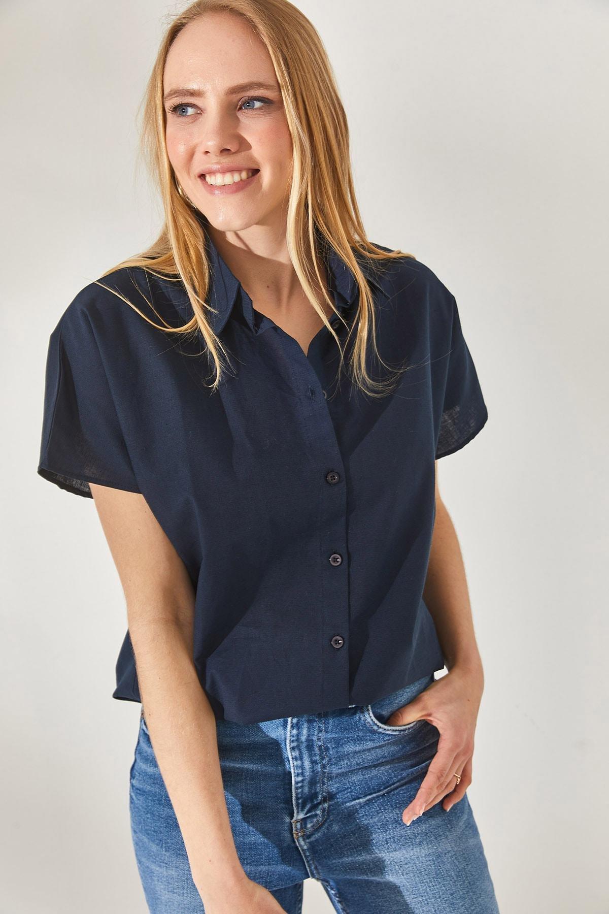 Blue Bat Oversized Linen Shirt, Navy blue, large image number 3