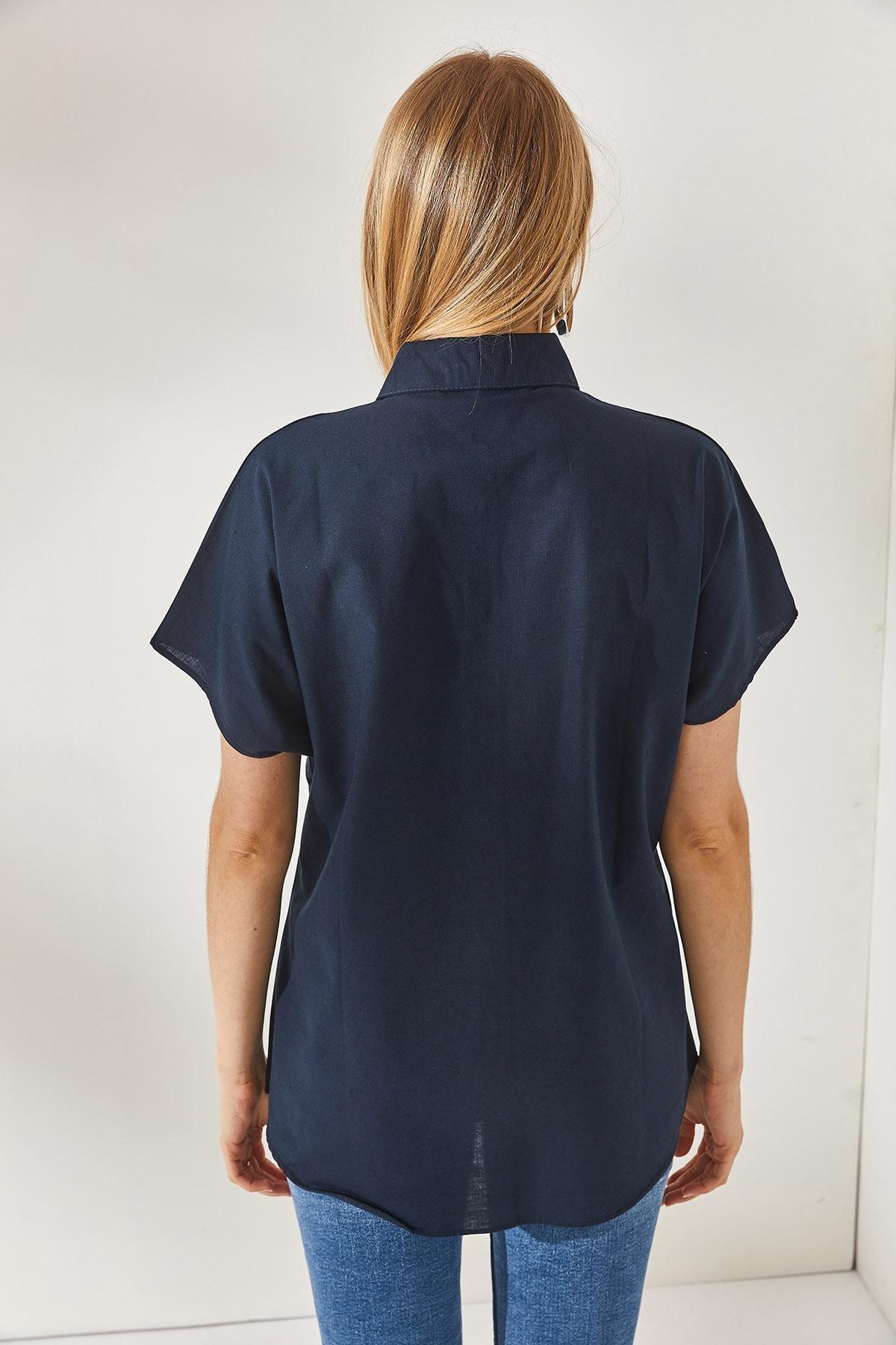 Blue Bat Oversized Linen Shirt, Navy blue, large image number 4