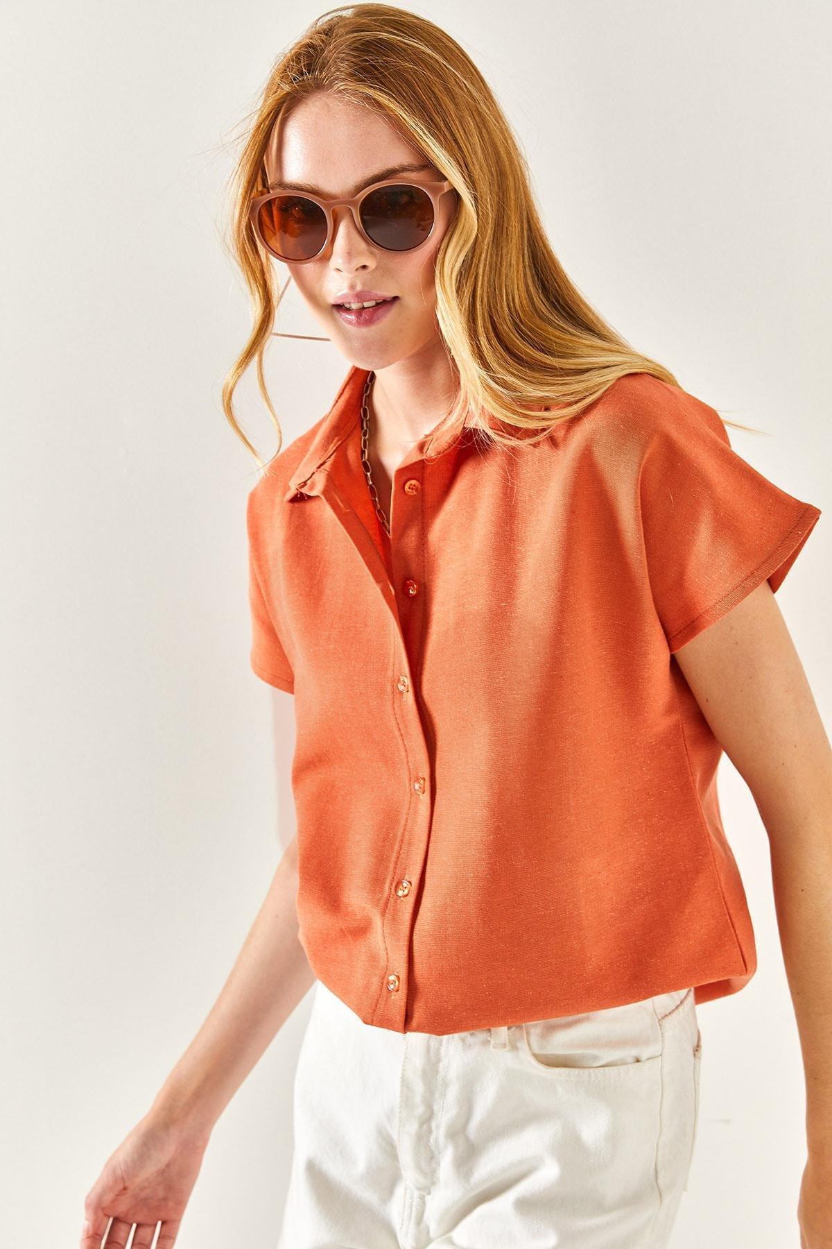 Orange Oversized Linen Shirt, , large image number 2