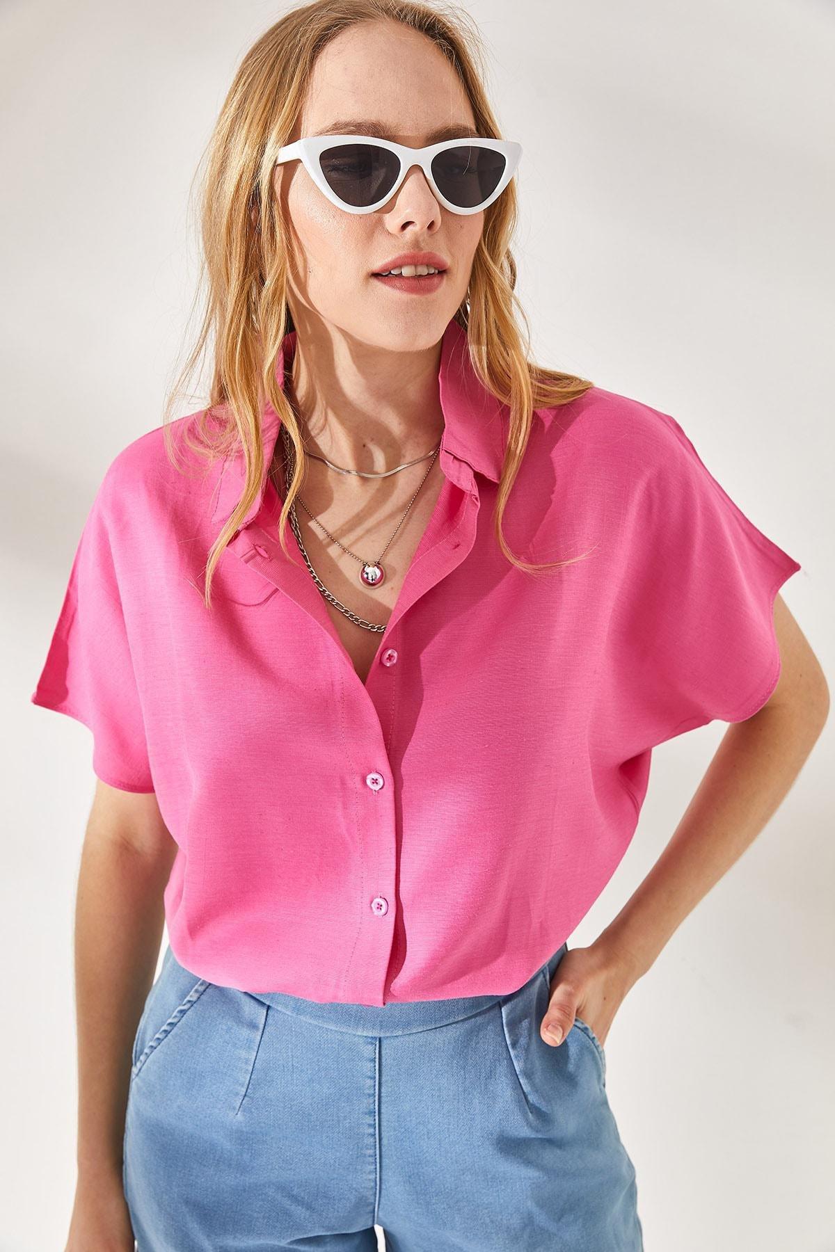 Pink Bat Oversized Linen Shirt, Pink, medium