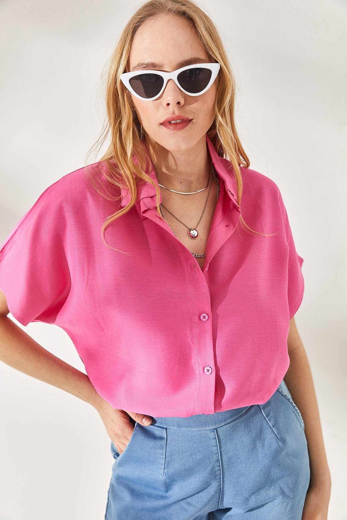Pink Bat Oversized Linen Shirt, Pink, medium