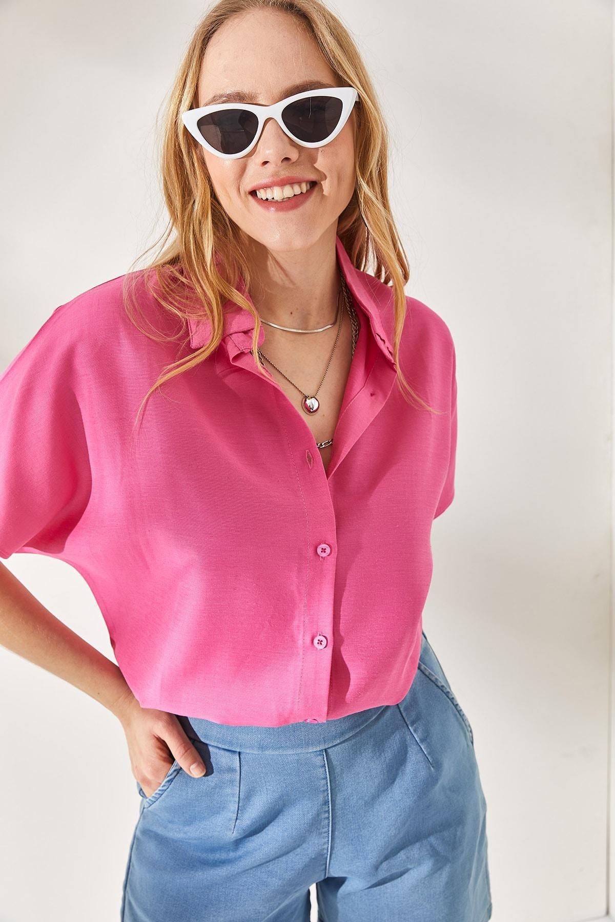 Pink Bat Oversized Linen Shirt, Pink, large image number 3