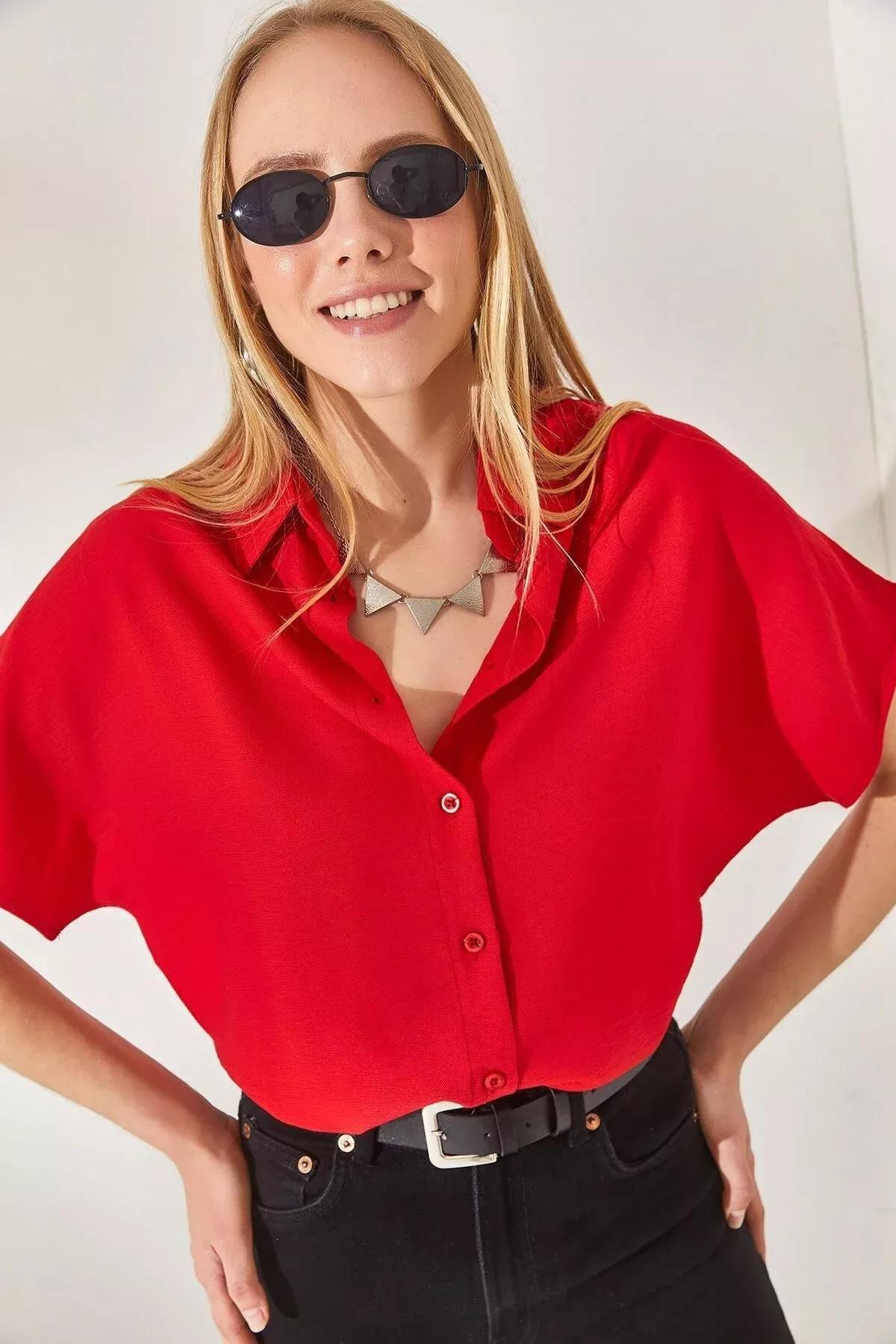 Red Bat Oversized Linen Shirt, , medium
