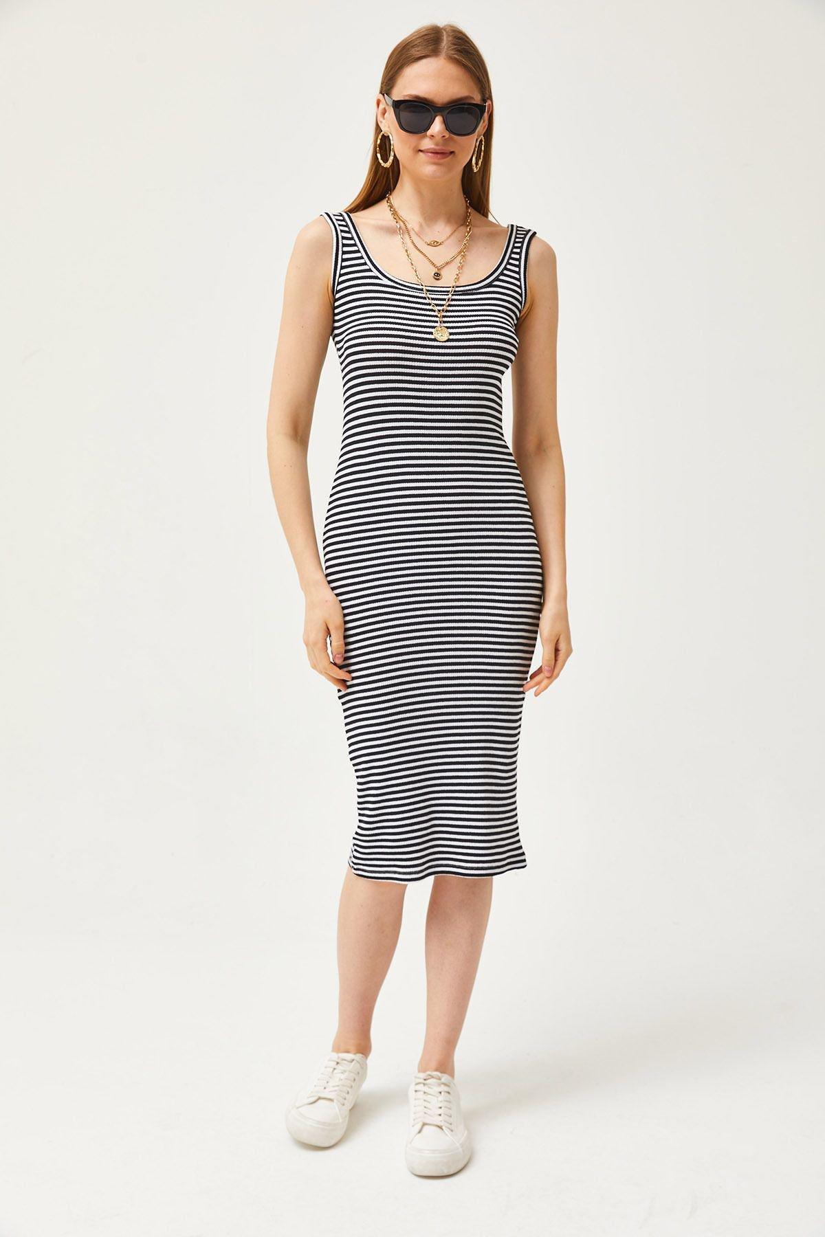 Black Striped Thick Strap Lycra Midi Dress, , large image number 1