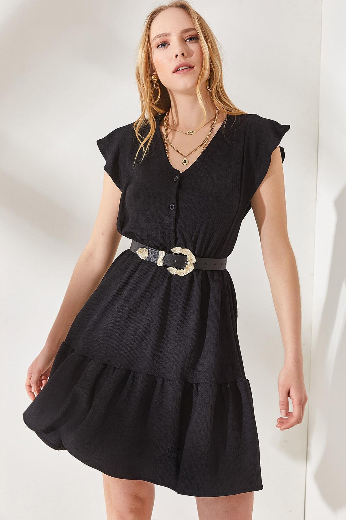Black Frilly Buttoned Dress, , large image number 0