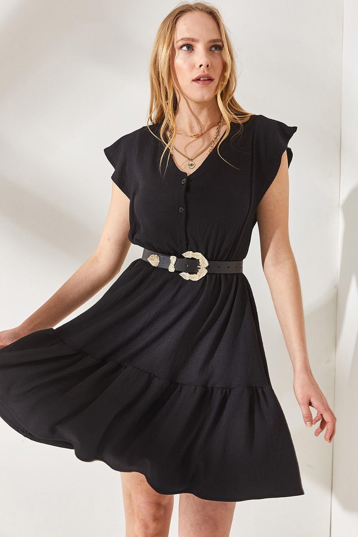 Black Frilly Buttoned Dress, , large image number 1
