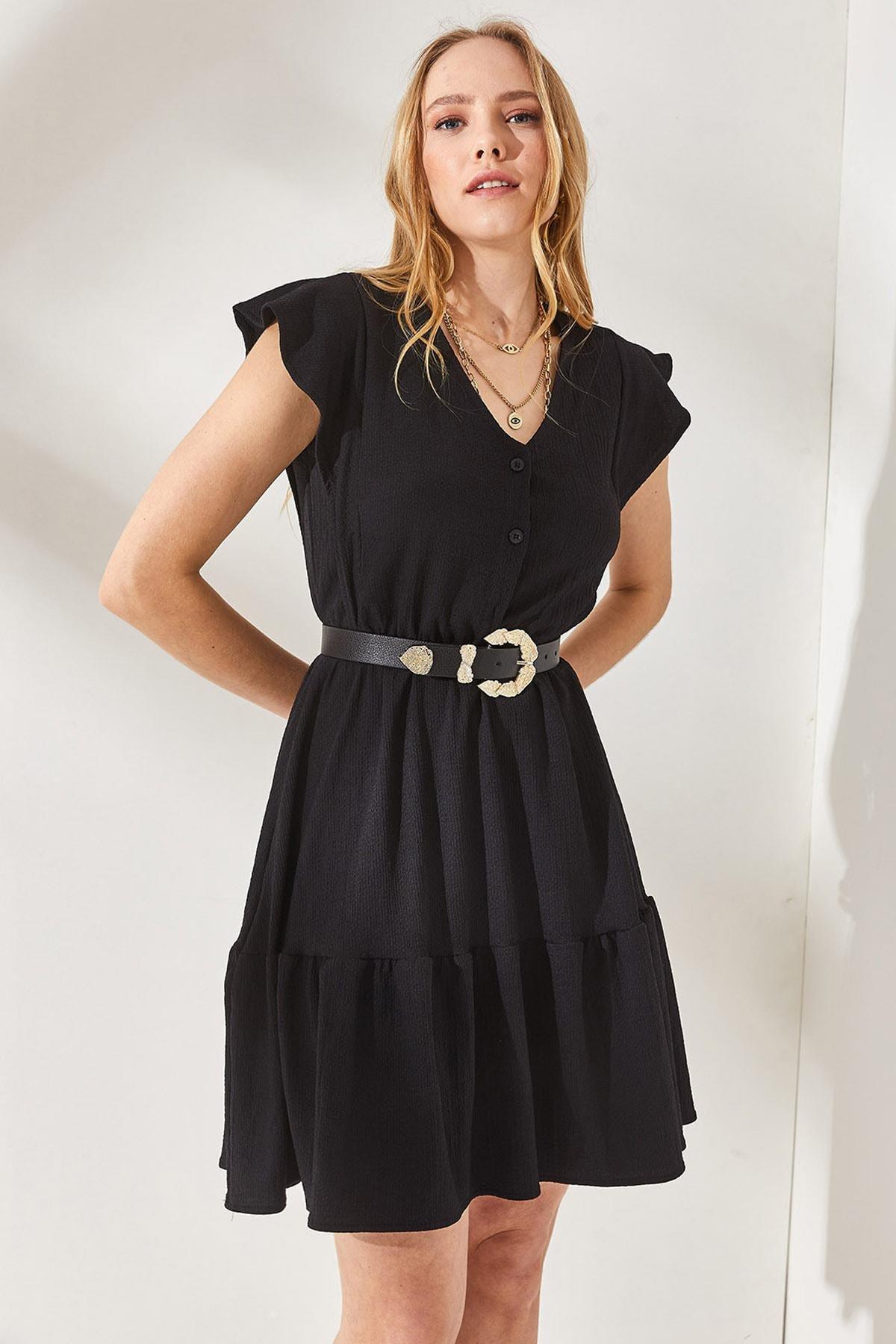 Black Frilly Buttoned Dress, , large image number 4