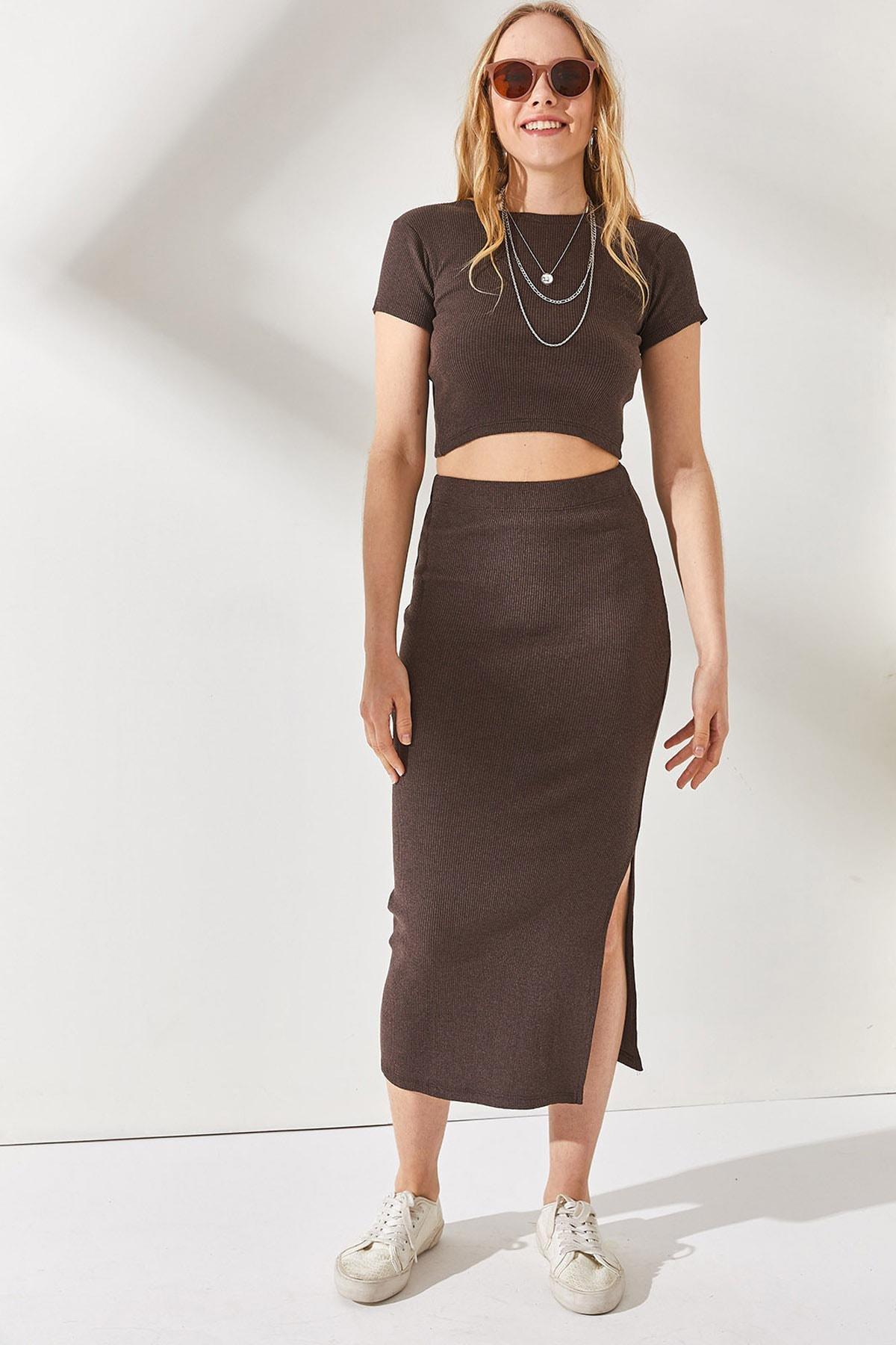 Brown Lycra Slit Skirt Co-Ord Set, , large image number 1