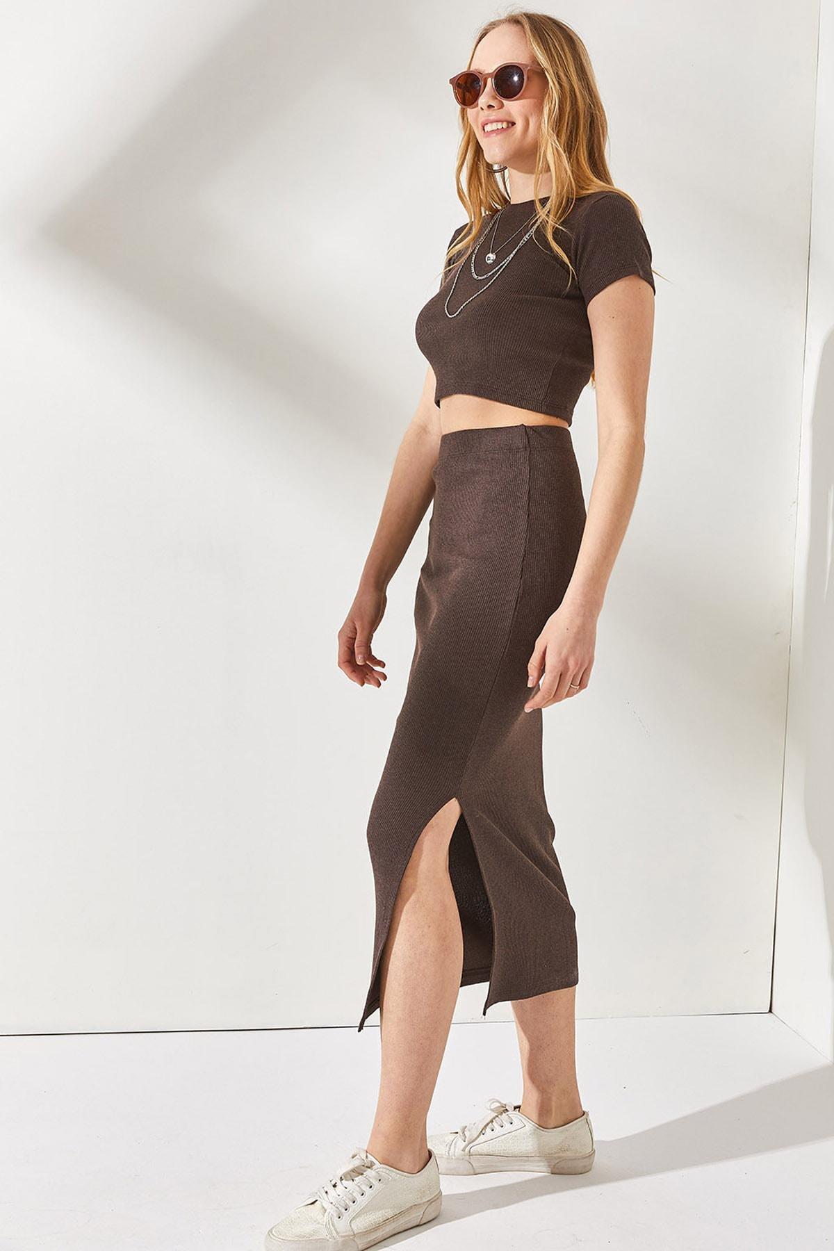 Brown Lycra Slit Skirt Co-Ord Set, , large image number 4