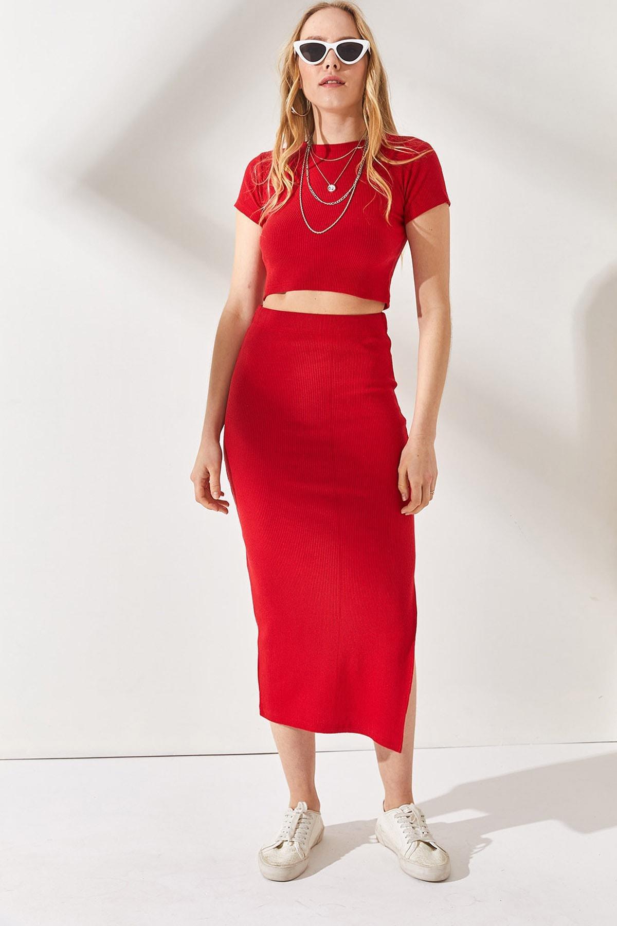 Red Slit Skirted Lycra Co-Ord Set, Red, large image number 1