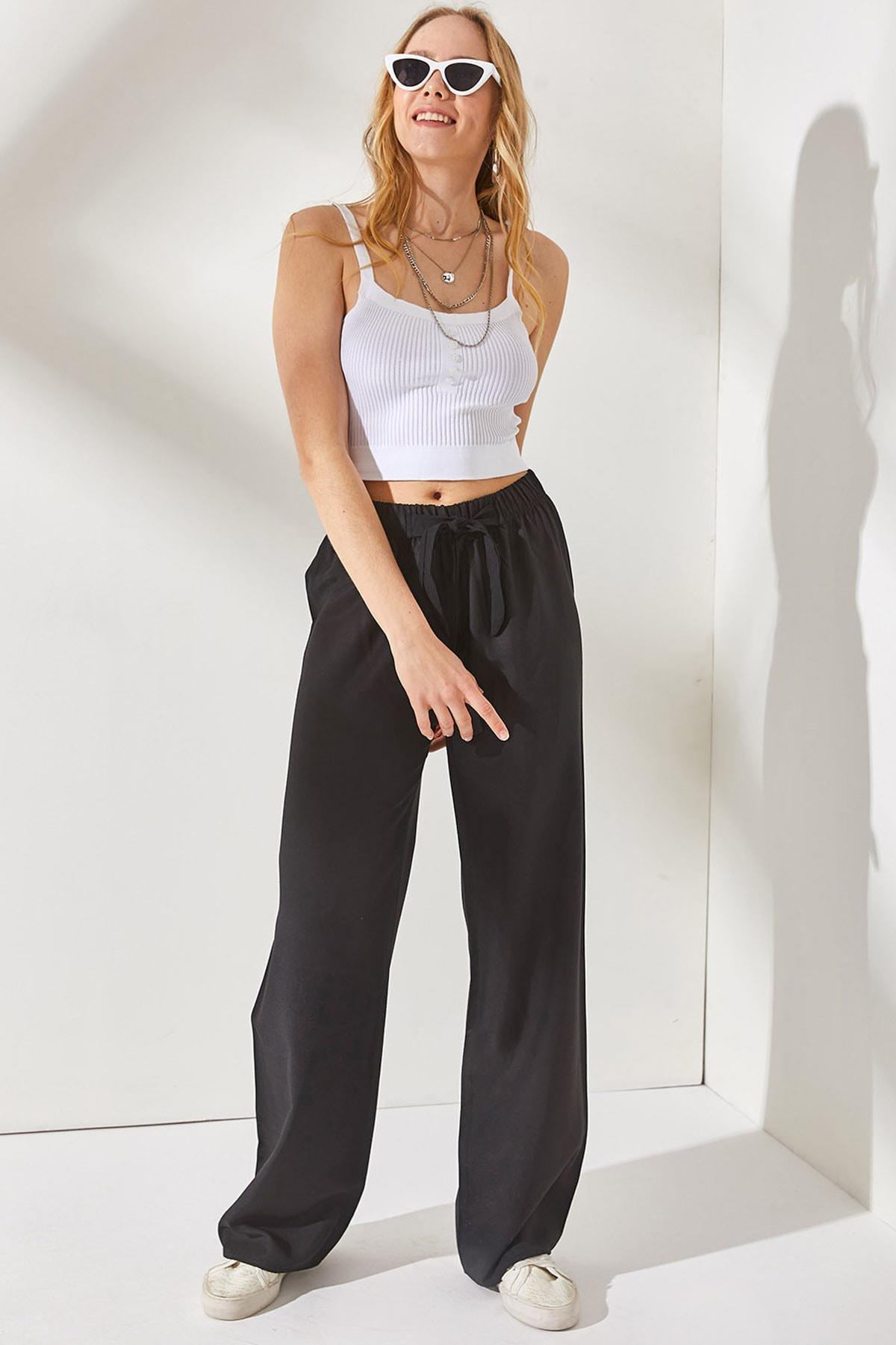 Black Elastic Waist Palazzo Linen Pants, , large image number 0