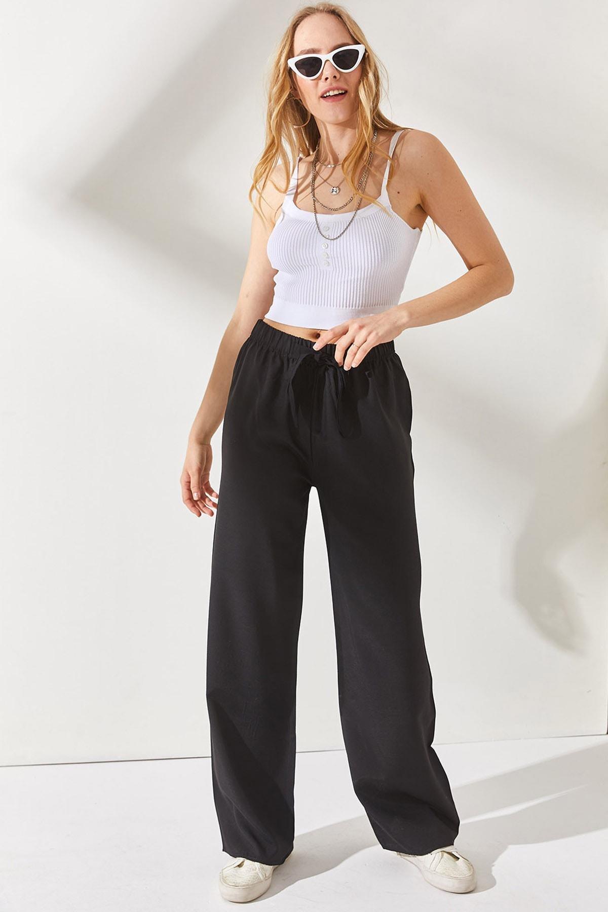 Black Elastic Waist Palazzo Linen Pants, , large image number 1