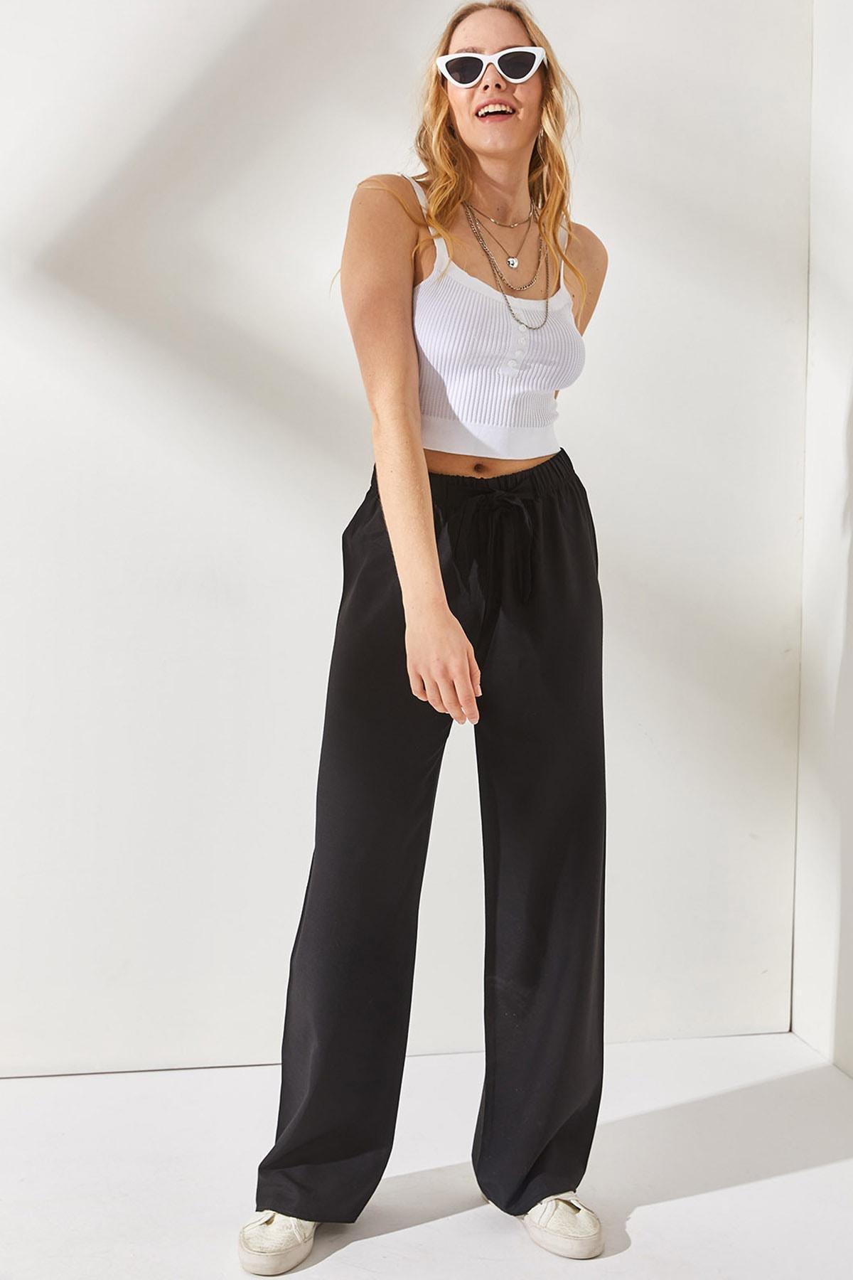 Black Elastic Waist Palazzo Linen Pants, , large image number 2