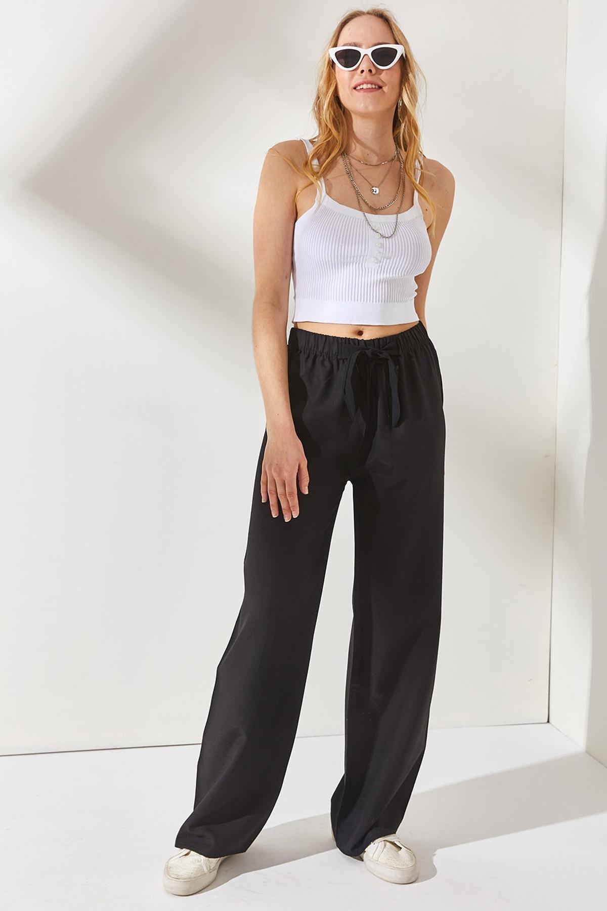 Black Elastic Waist Palazzo Linen Pants, , large image number 3