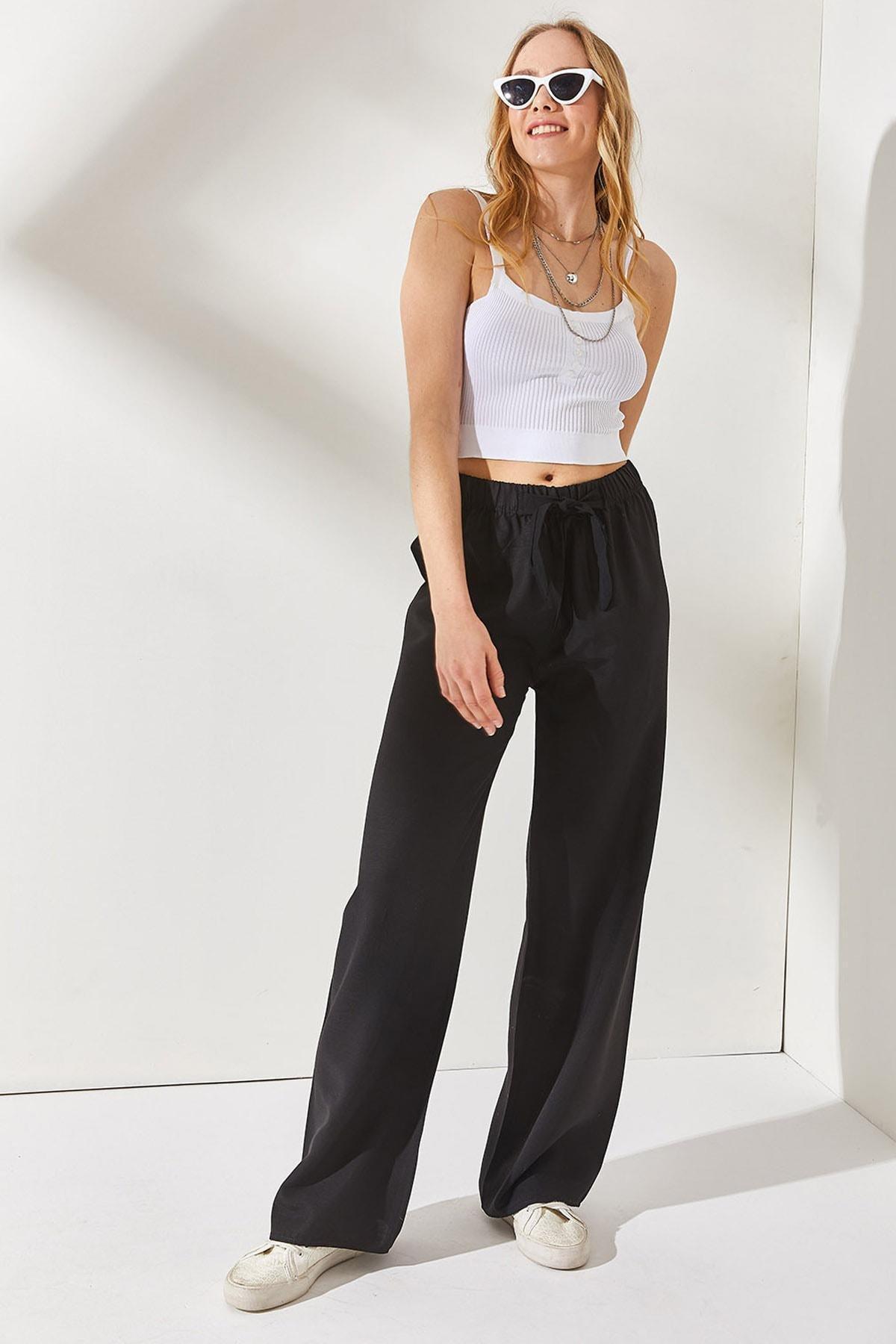 Black Elastic Waist Palazzo Linen Pants, , large image number 4