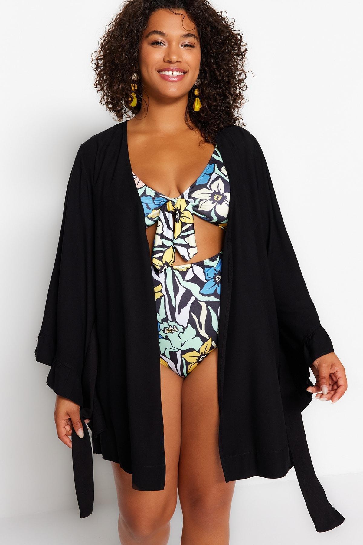 Black Ruffle Woven Kaftan, , large image number 0