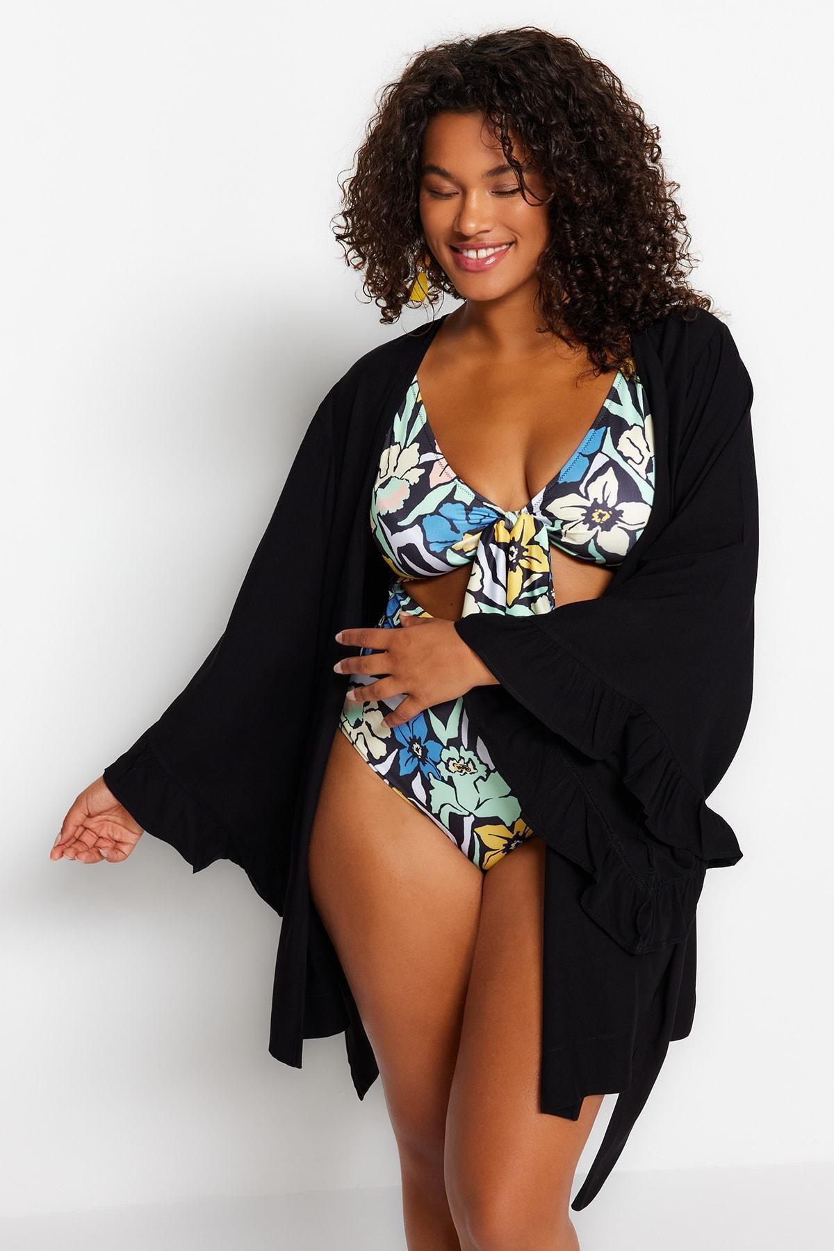 Black Ruffle Woven Kaftan, , large image number 1