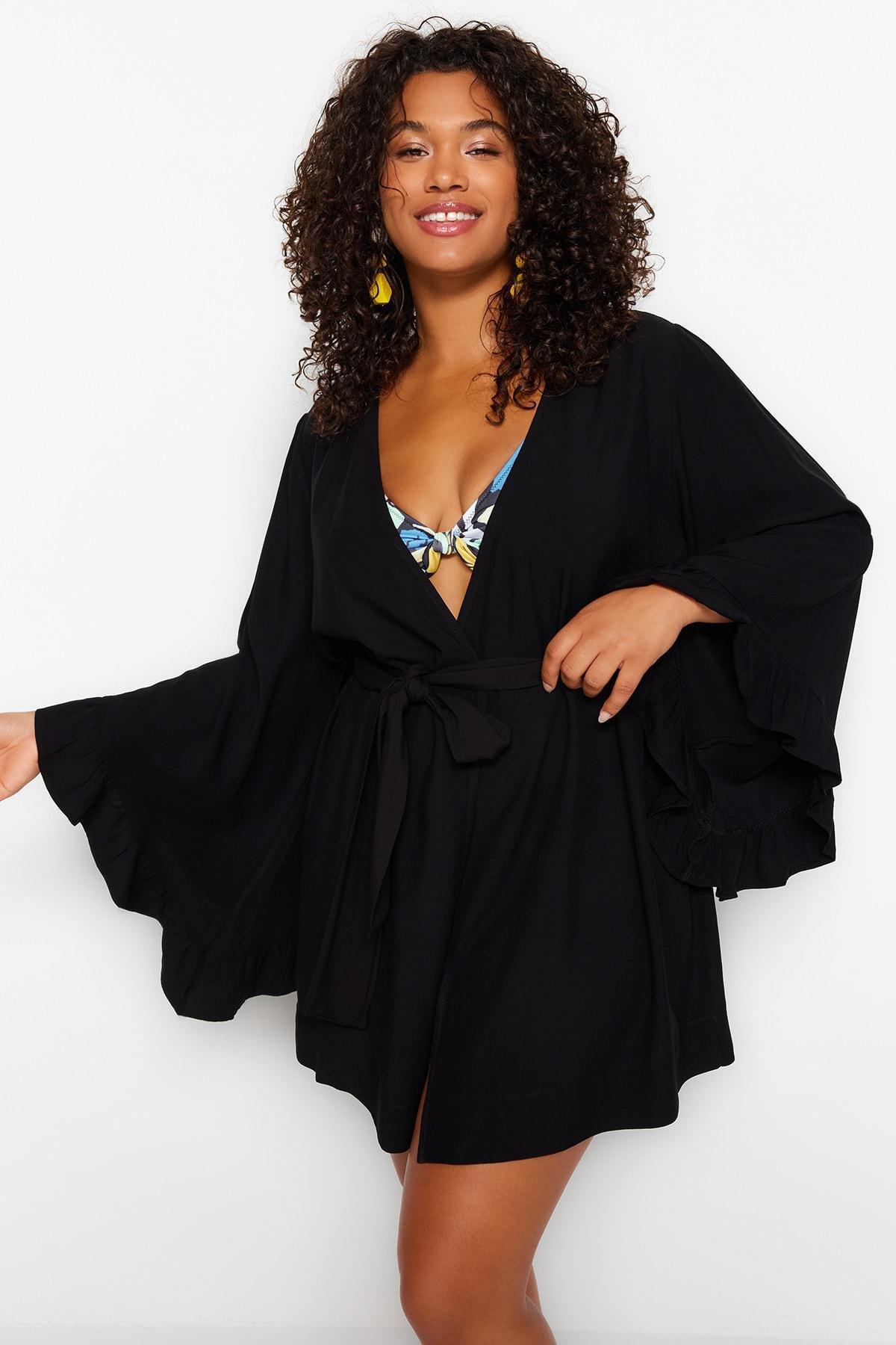 Black Ruffle Woven Kaftan, , large image number 2