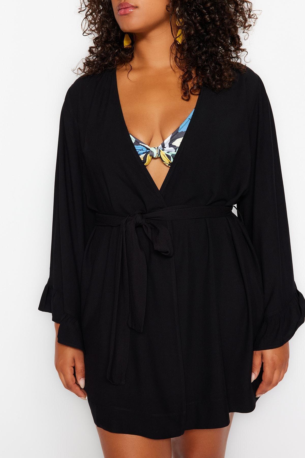 Black Ruffle Woven Kaftan, , large image number 3