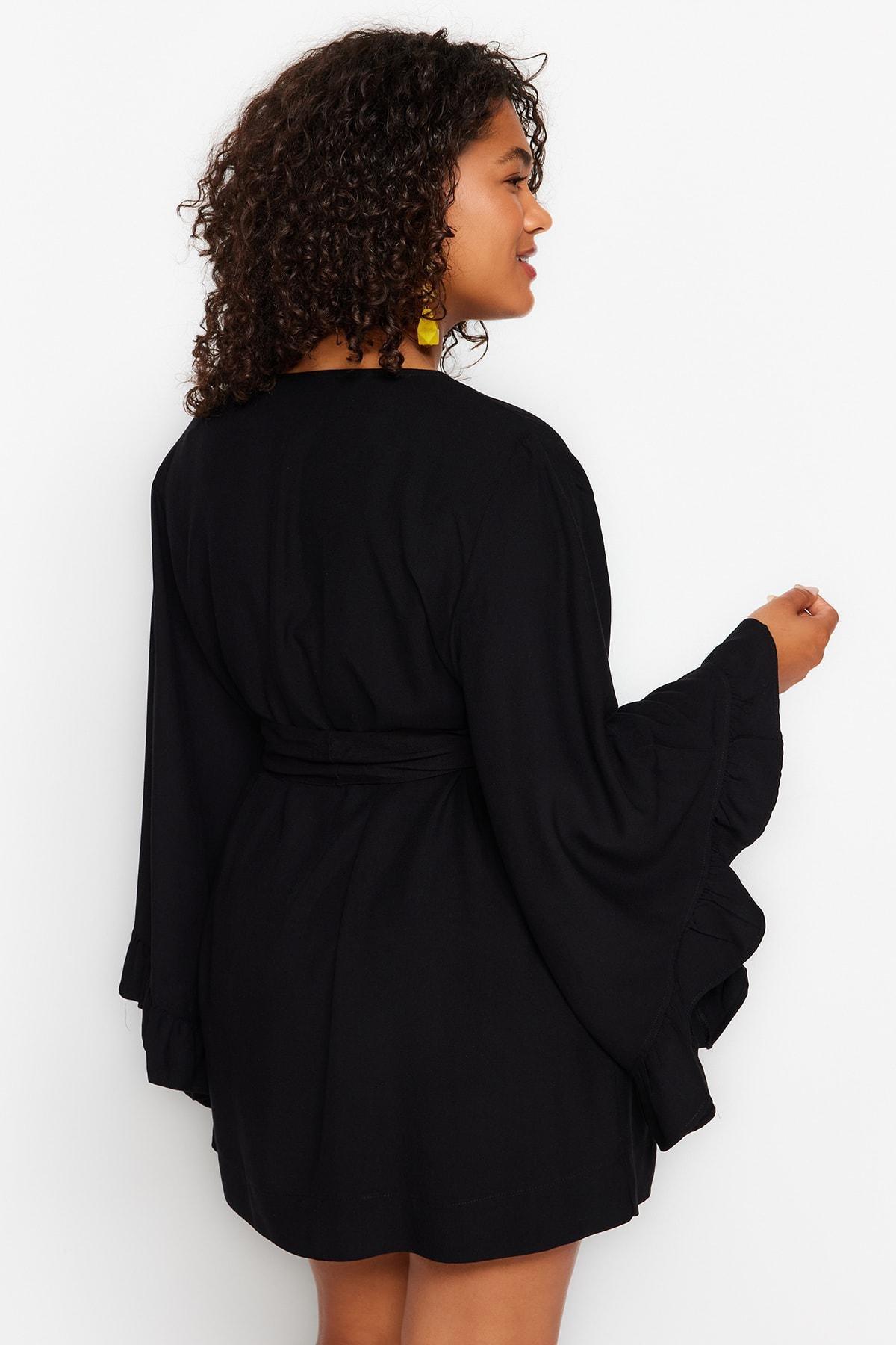 Black Ruffle Woven Kaftan, , large image number 4