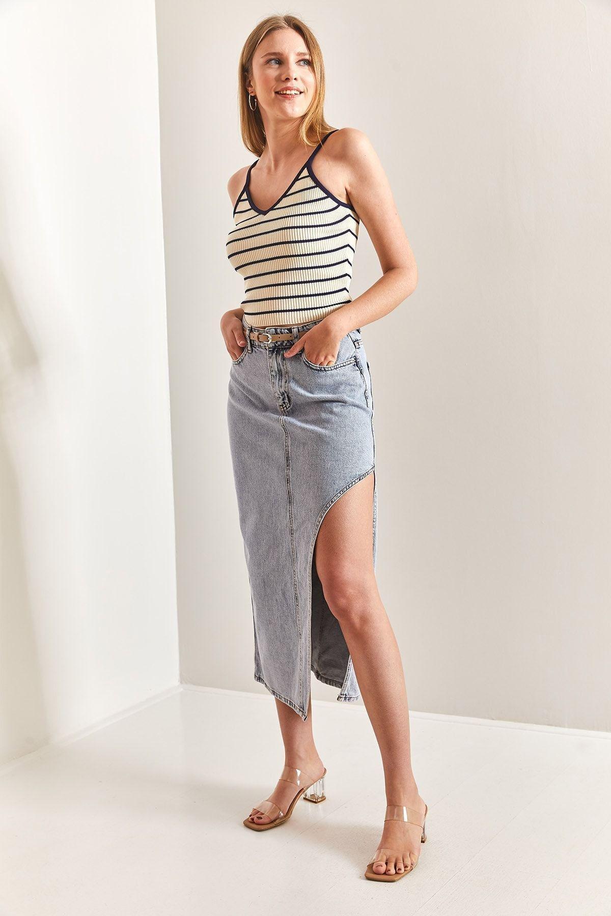 Blue Open Side Long Denim Skirt, , large image number 1