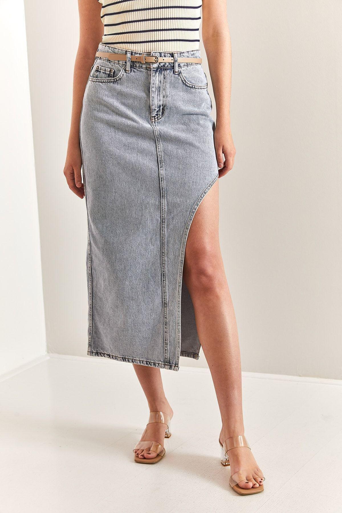 Blue Open Side Long Denim Skirt, , large image number 2